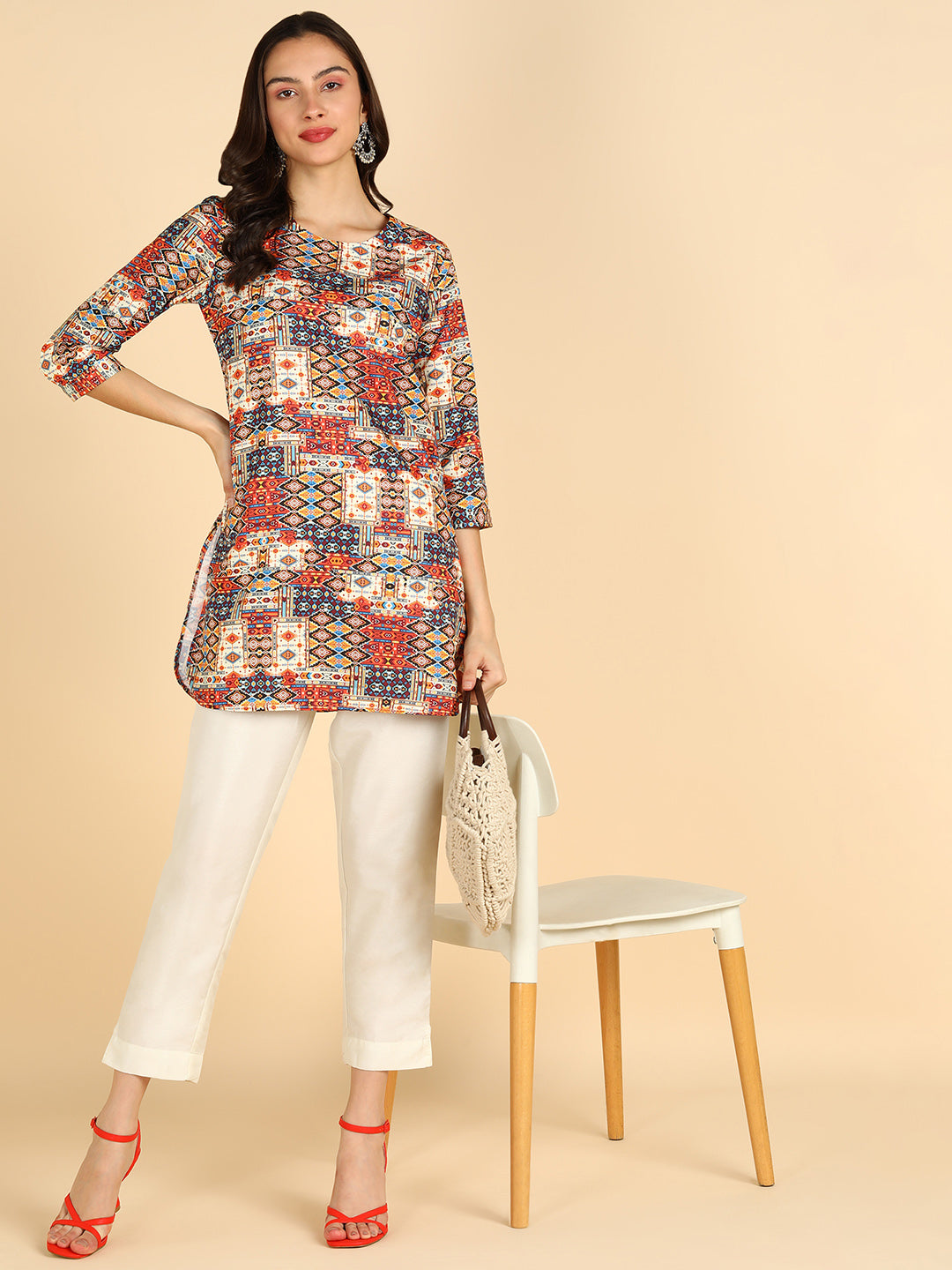Geometric Printed Cream Straight Kurti