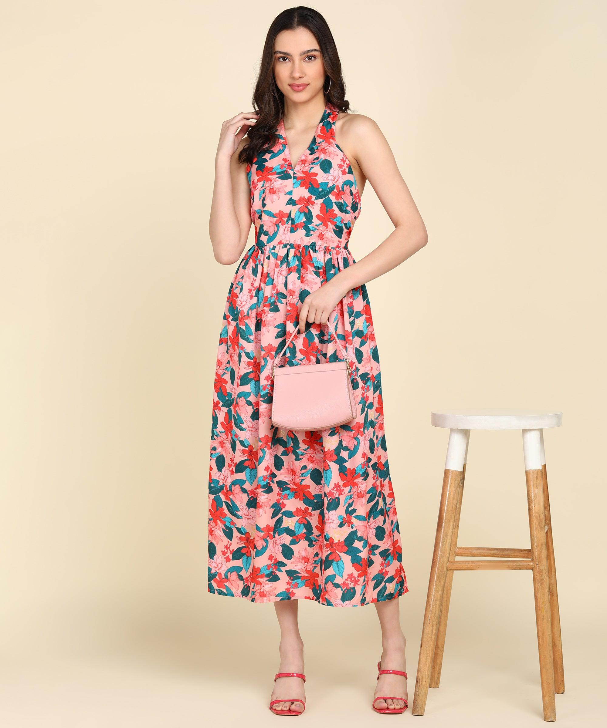 Red & Green Floral Printed Halter Neck Dress - Znxclothing