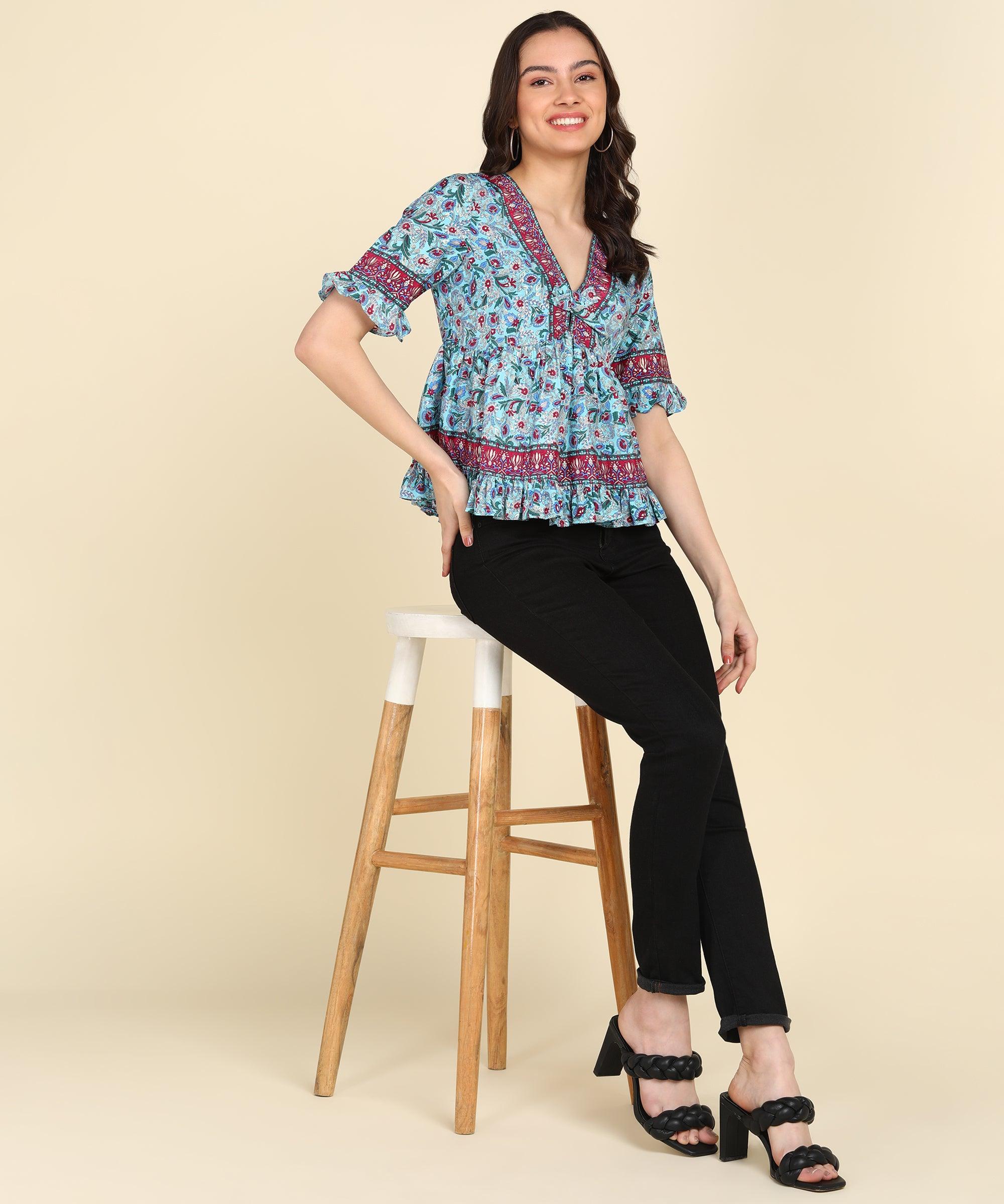 Ethnic Motifs Printed Powder Blue Top - Znxclothing