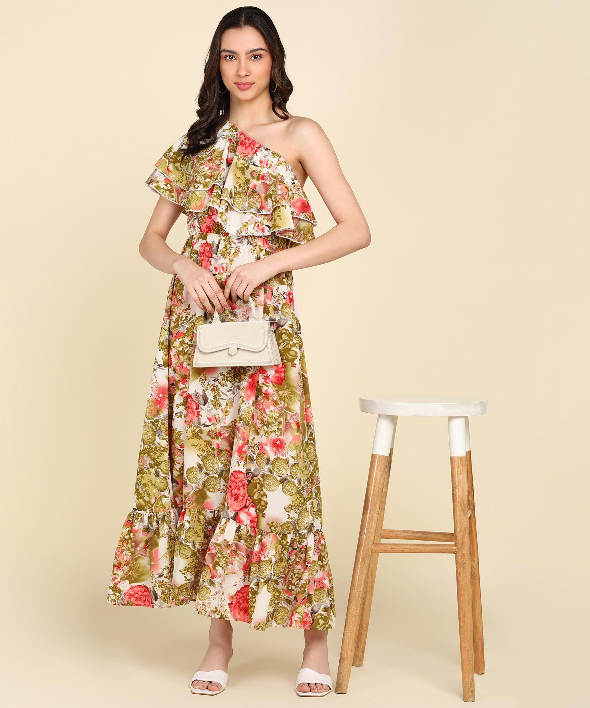 Green & Red Floral Printed Frill Dress - Znxclothing