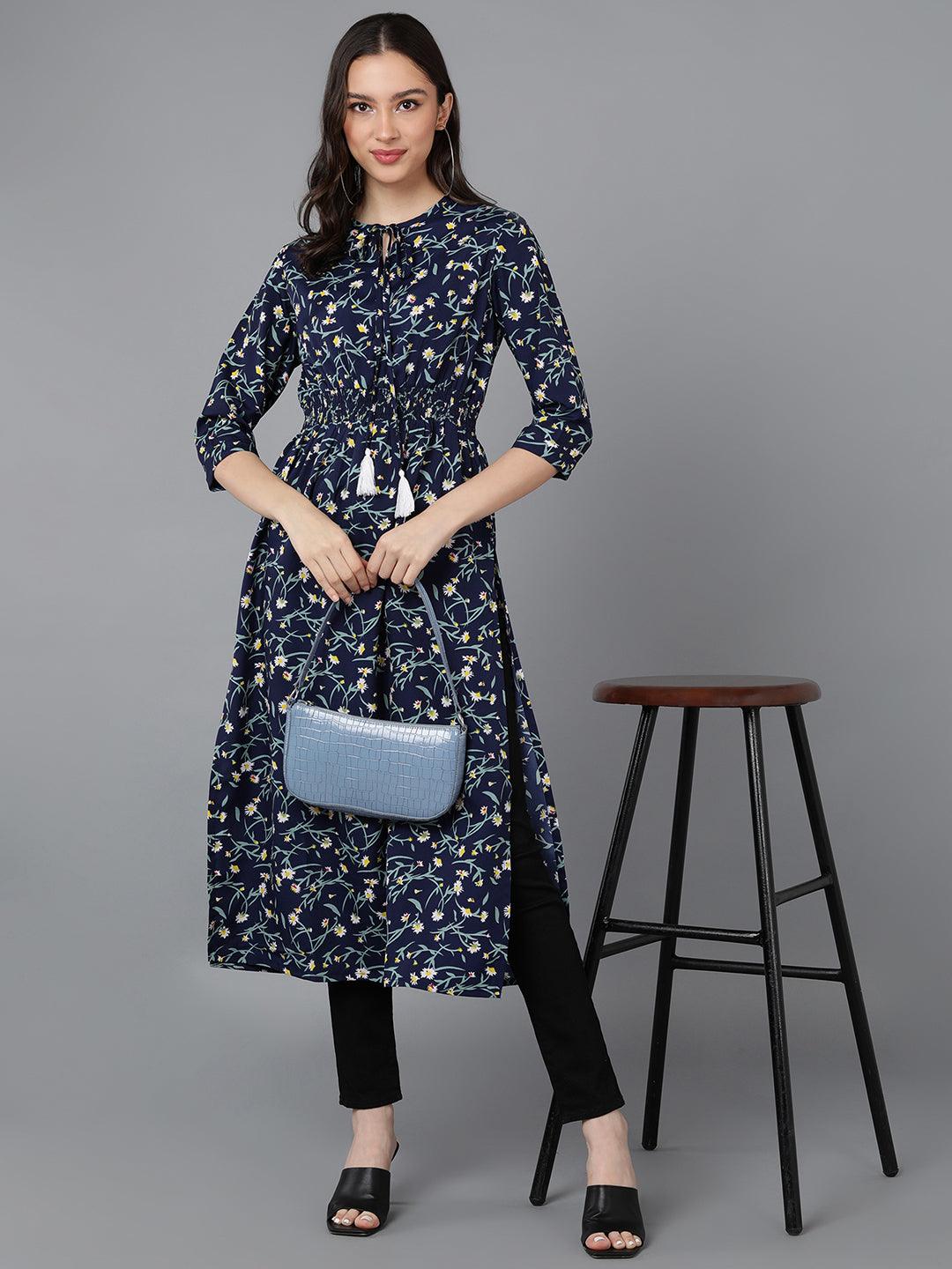 Floral Printed Blue Straight Kurti - Znxclothing