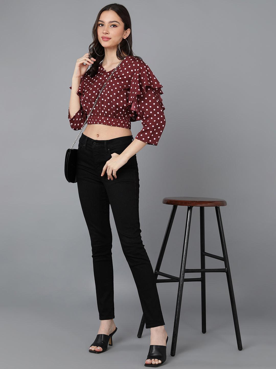 Maroon Polka-Dot Top with Double Sleeve - Znxclothing