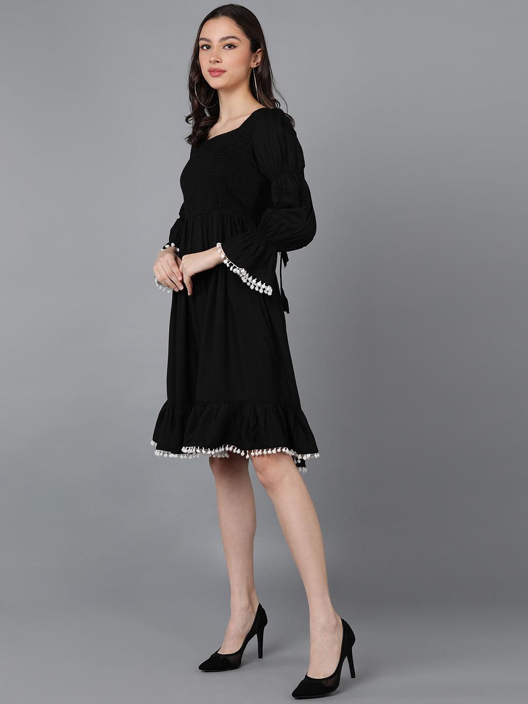 Solid Black Smocked Dress - Znxclothing