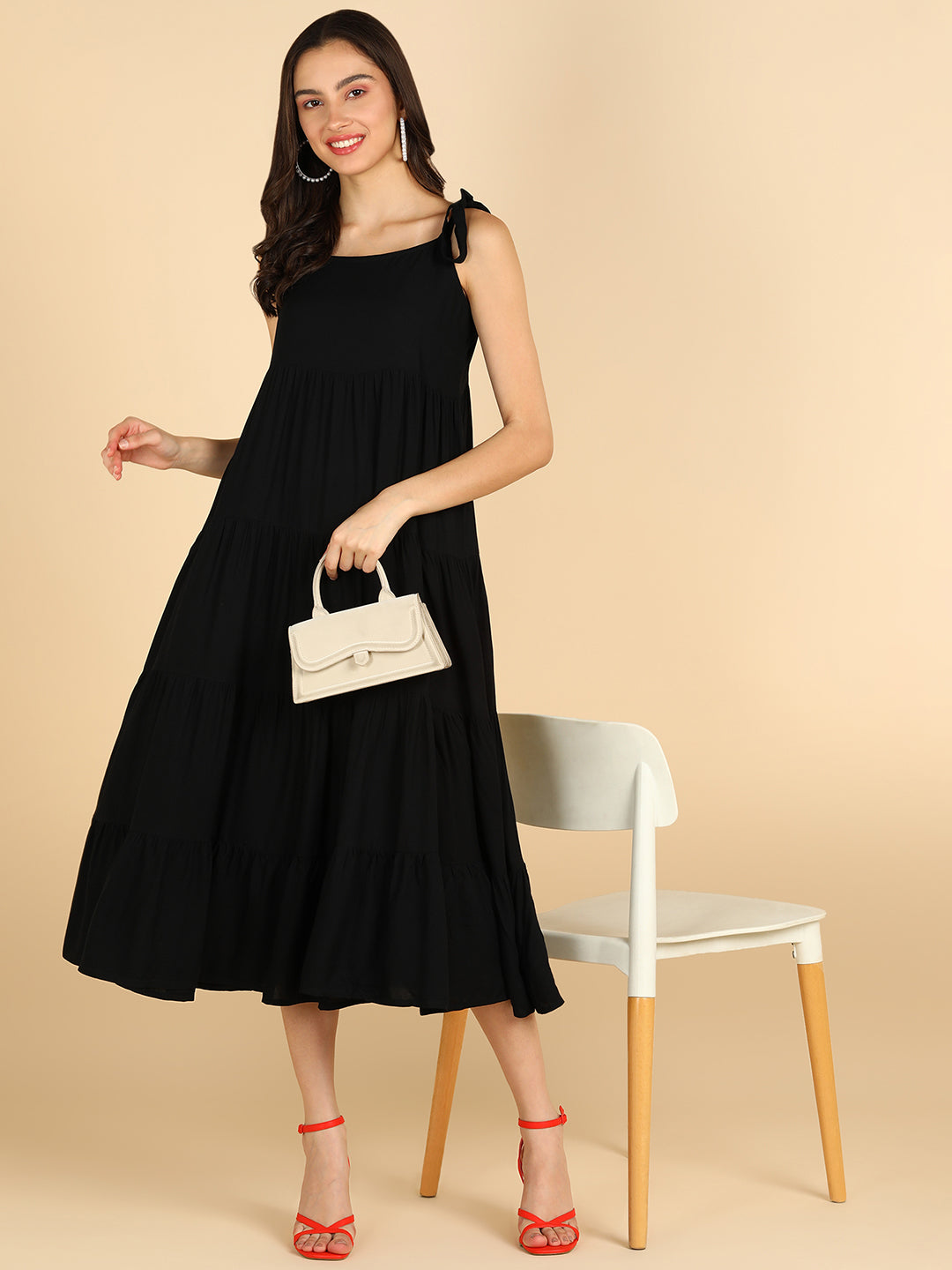 Solid Black Trierd Dress With Muti Way Tie Solder Stripes