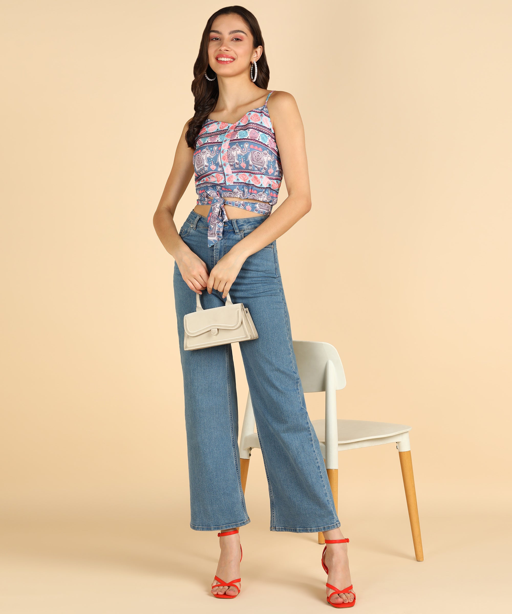 Ethnic Printed Grey Color Sleeveless Crop Top