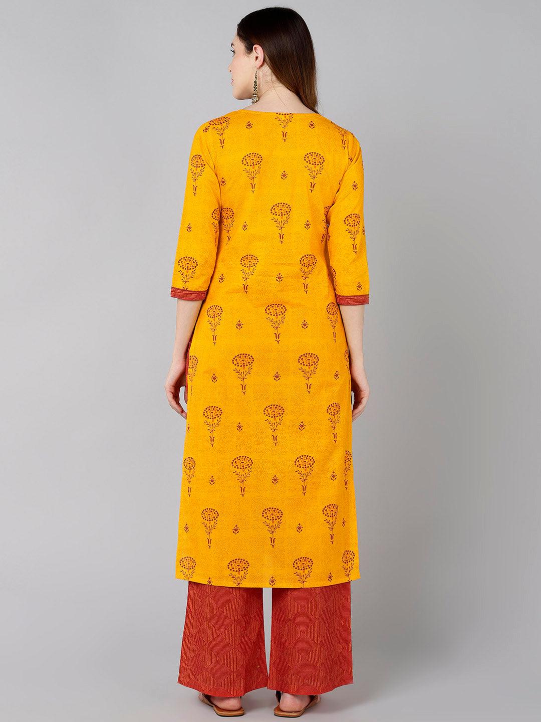 Red Floral Printed Yellow Kurta With Palazzo - Znxclothing