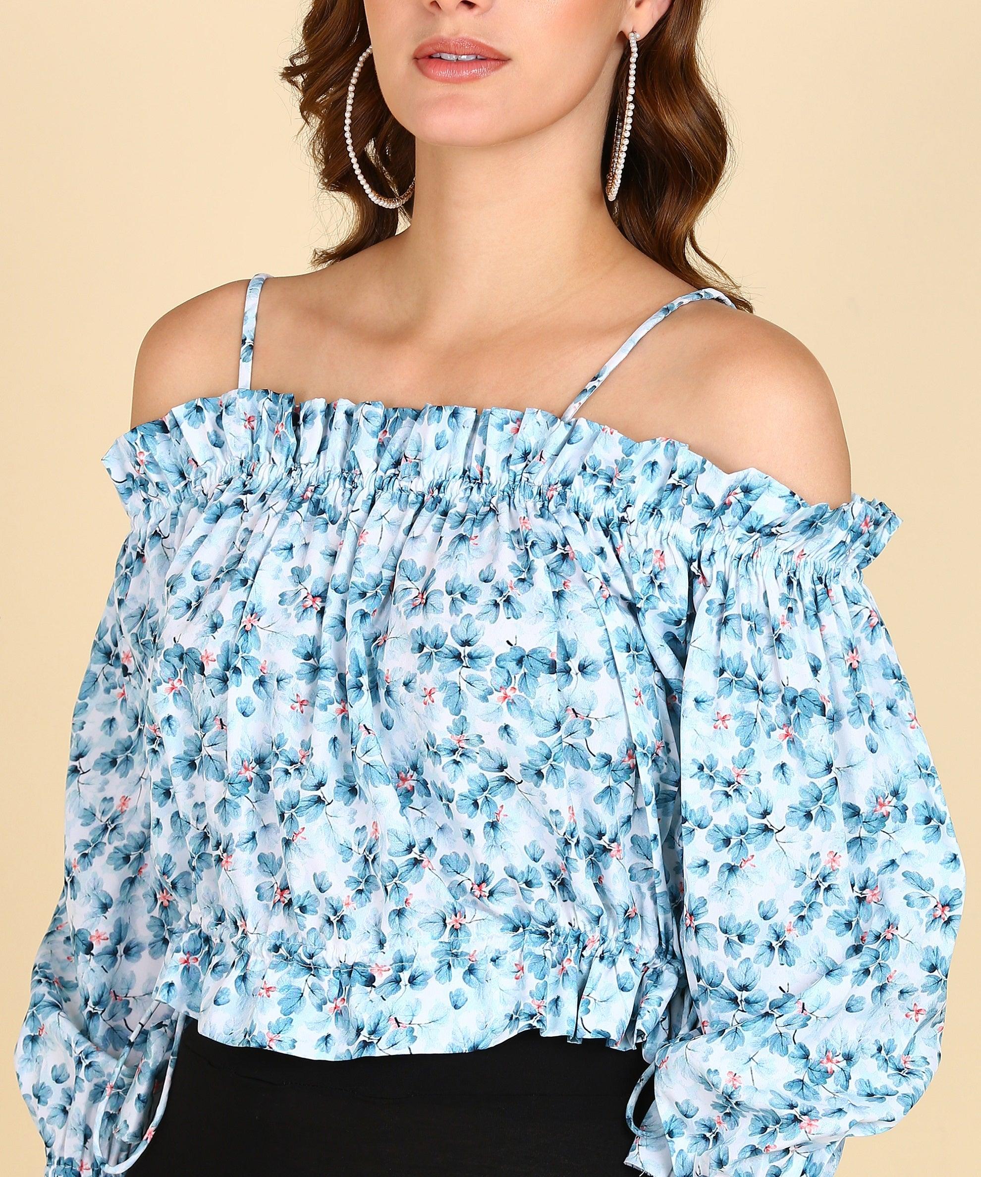 Sky Blue Floral Printed Bardot Top - Znxclothing