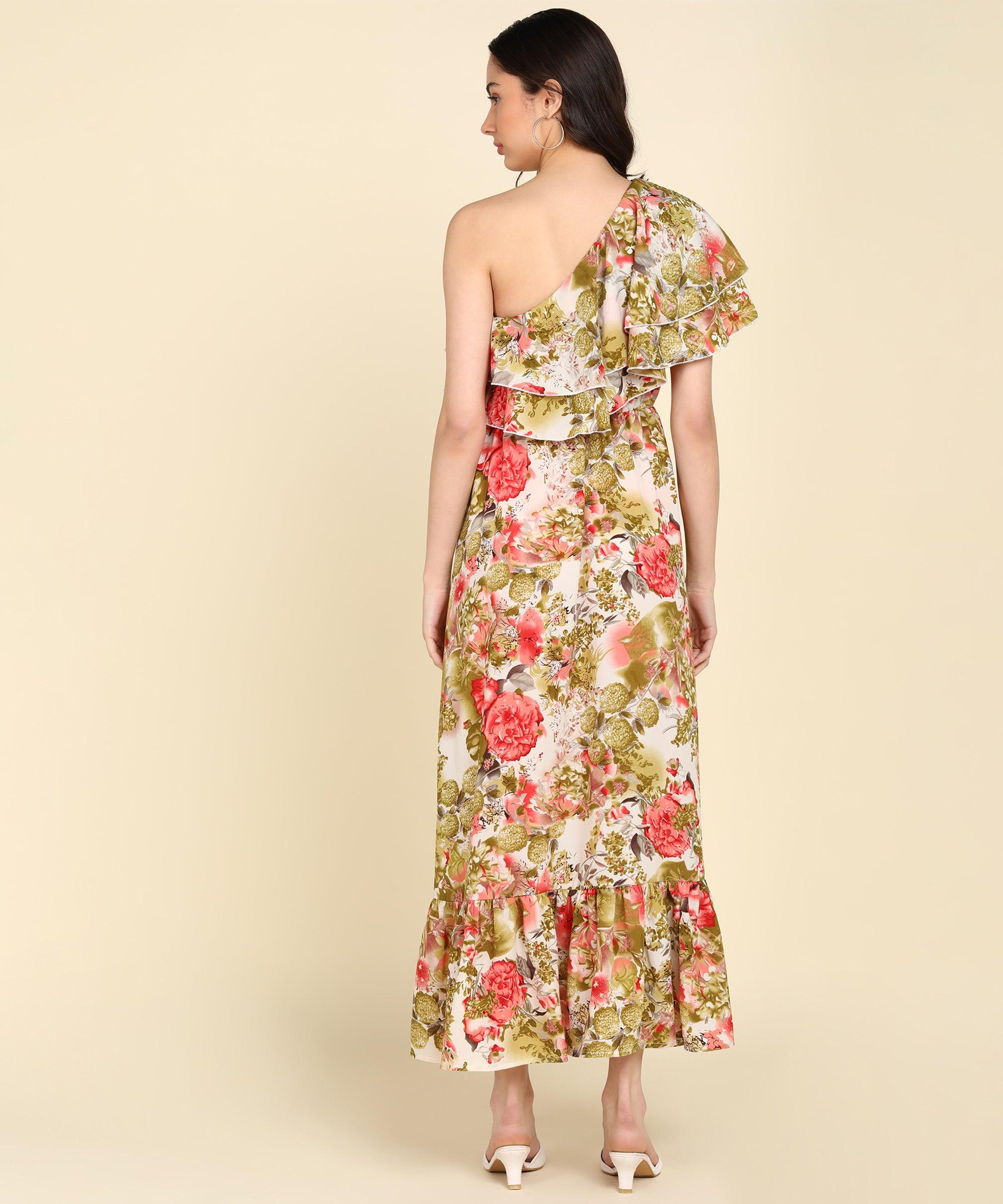 Green & Red Floral Printed Frill Dress - Znxclothing