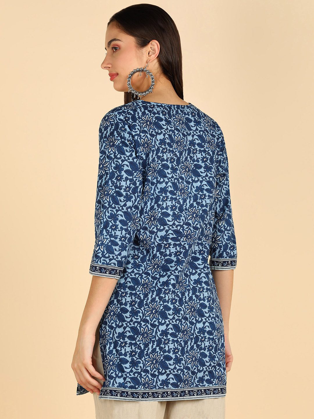 Indigo Floral Printed Blue Straight Kurti With Border Details