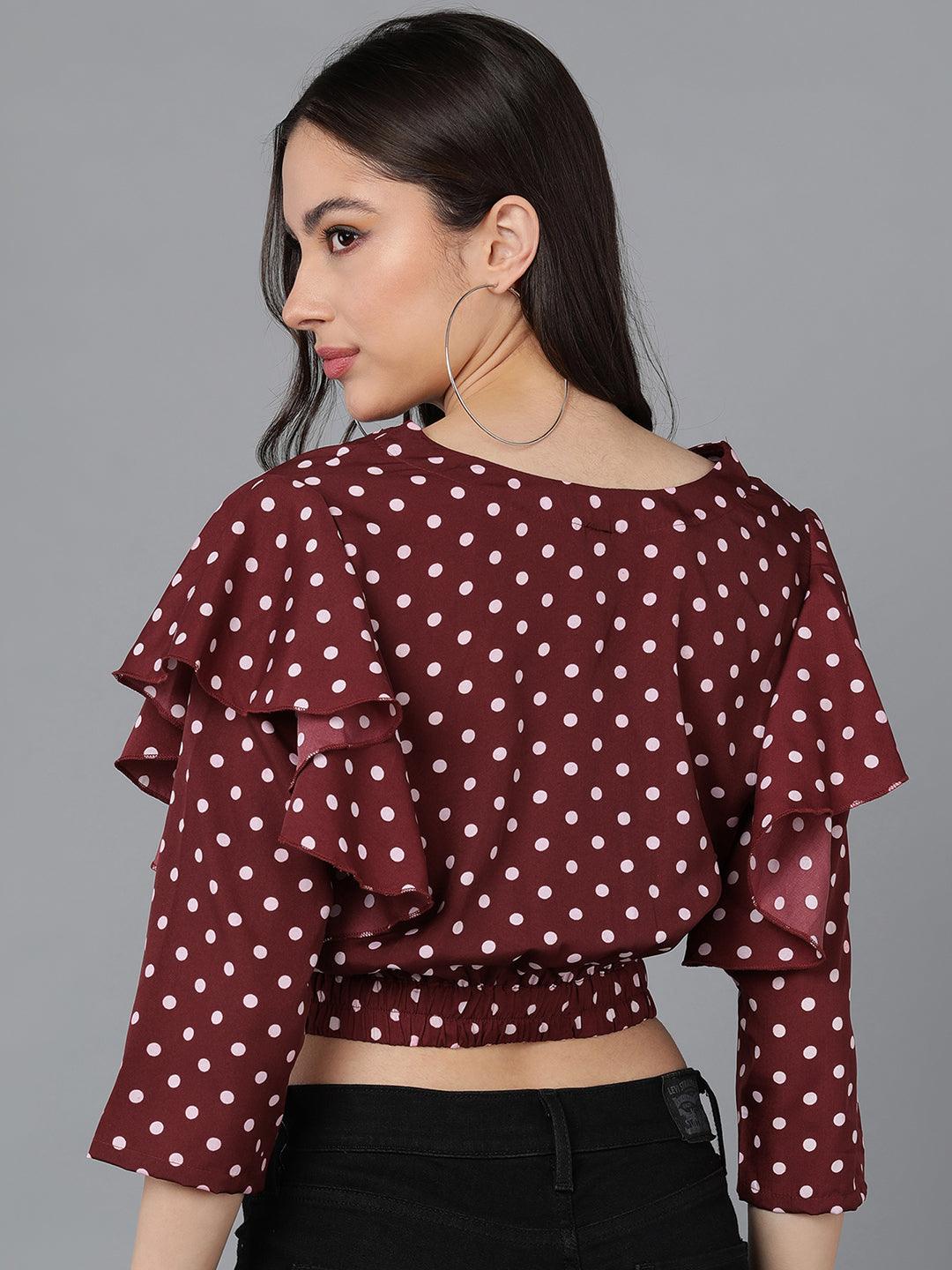 Maroon Polka-Dot Top with Double Sleeve - Znxclothing
