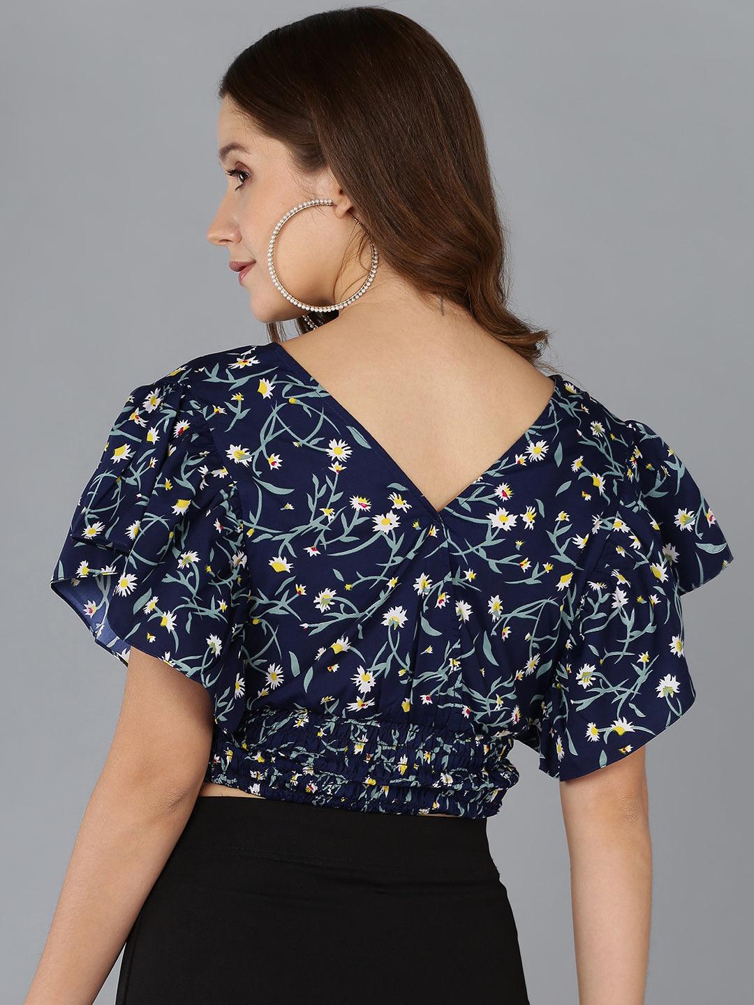 Floral Printed Blue Crop Top - Znxclothing