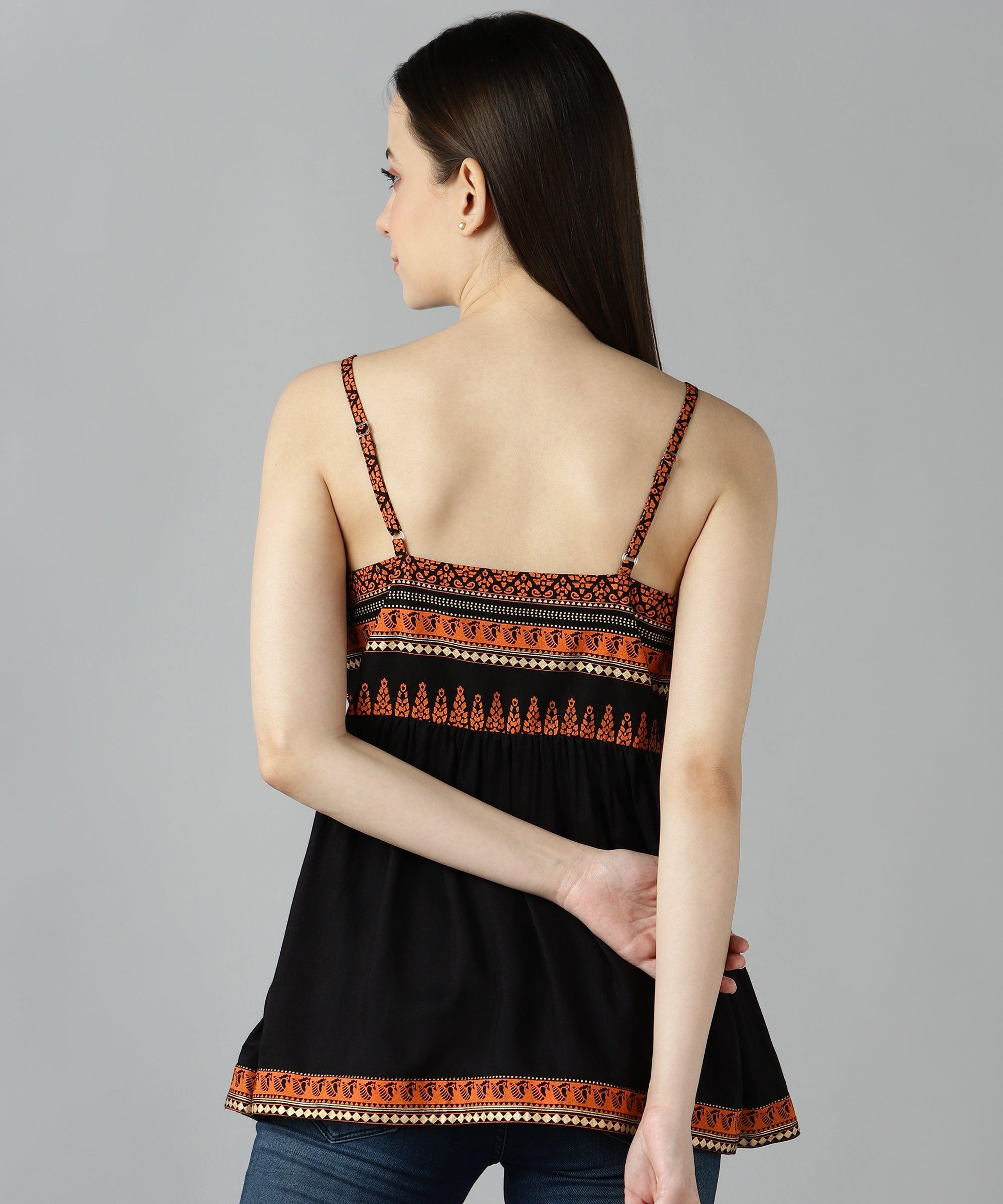 Znx Women Orange Gold Printed Black Top - Znxclothing