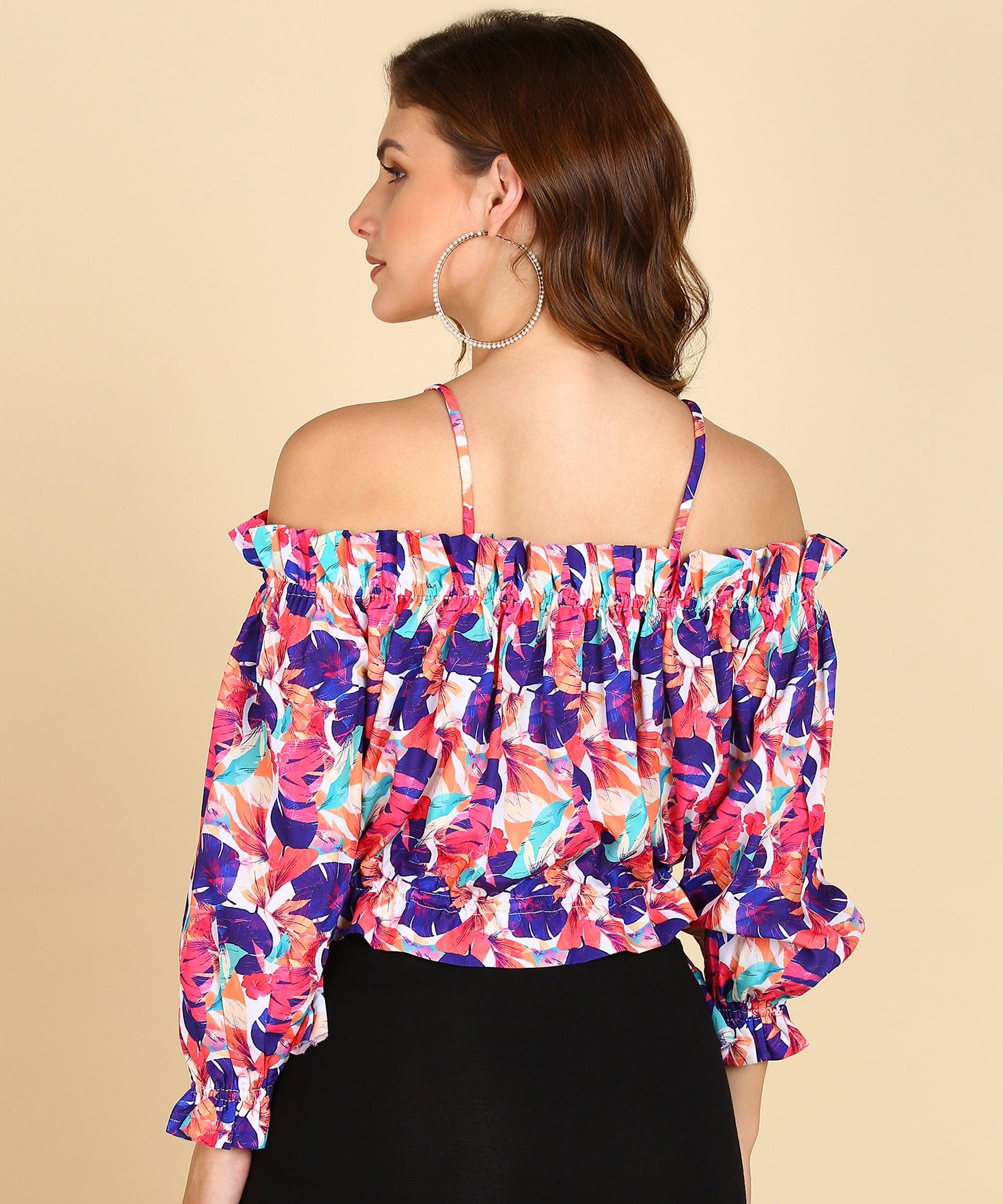 Multicolor Tropical Bardot Top - Znxclothing