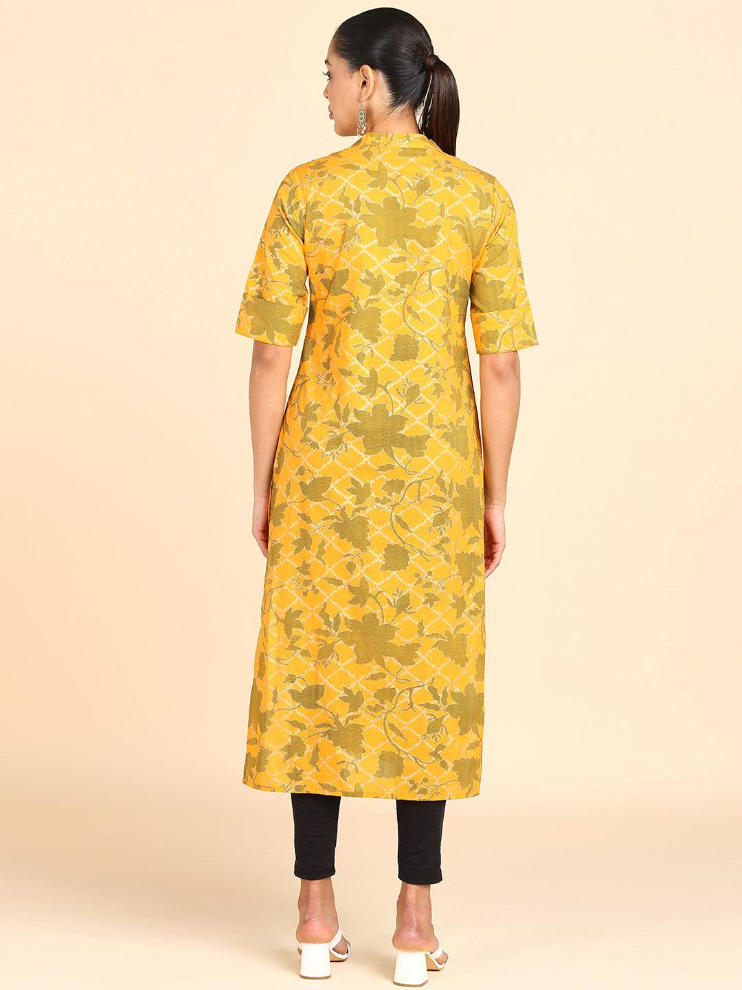 Floral Printed Princess Cut Yellow Straight Kurta - Znxclothing