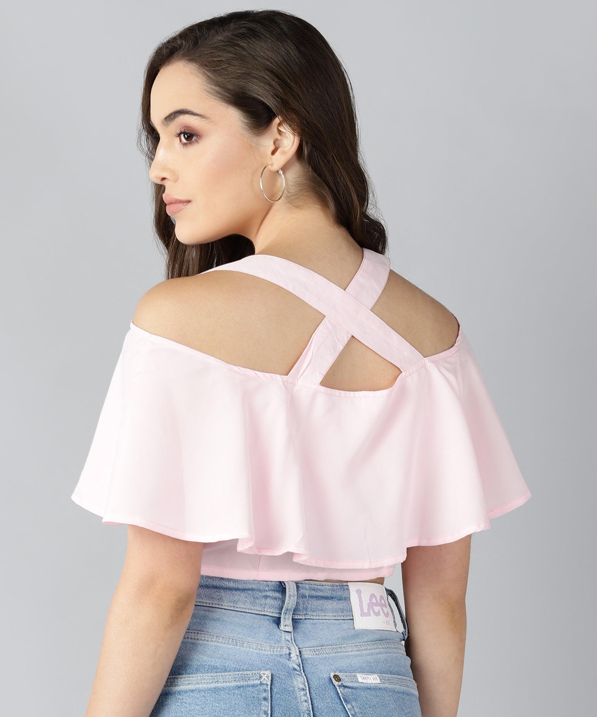 Women Baby Pink Shoulder Straps Top - Znxclothing