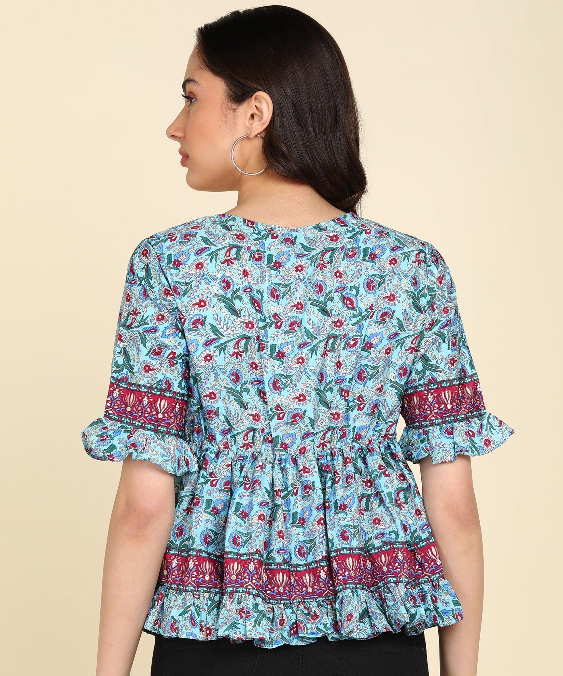 Ethnic Motifs Printed Powder Blue Top - Znxclothing