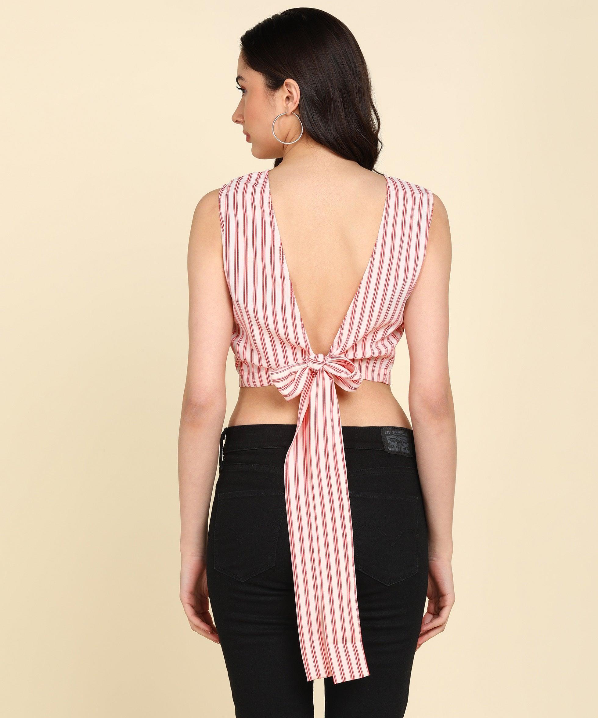 Cream & Red Striped Styled Back Crop Top - Znxclothing