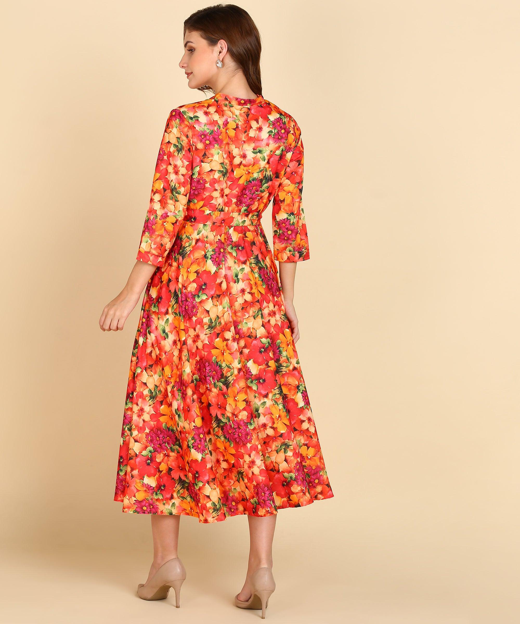 Orange Floral Printed Flared Dress - Znxclothing
