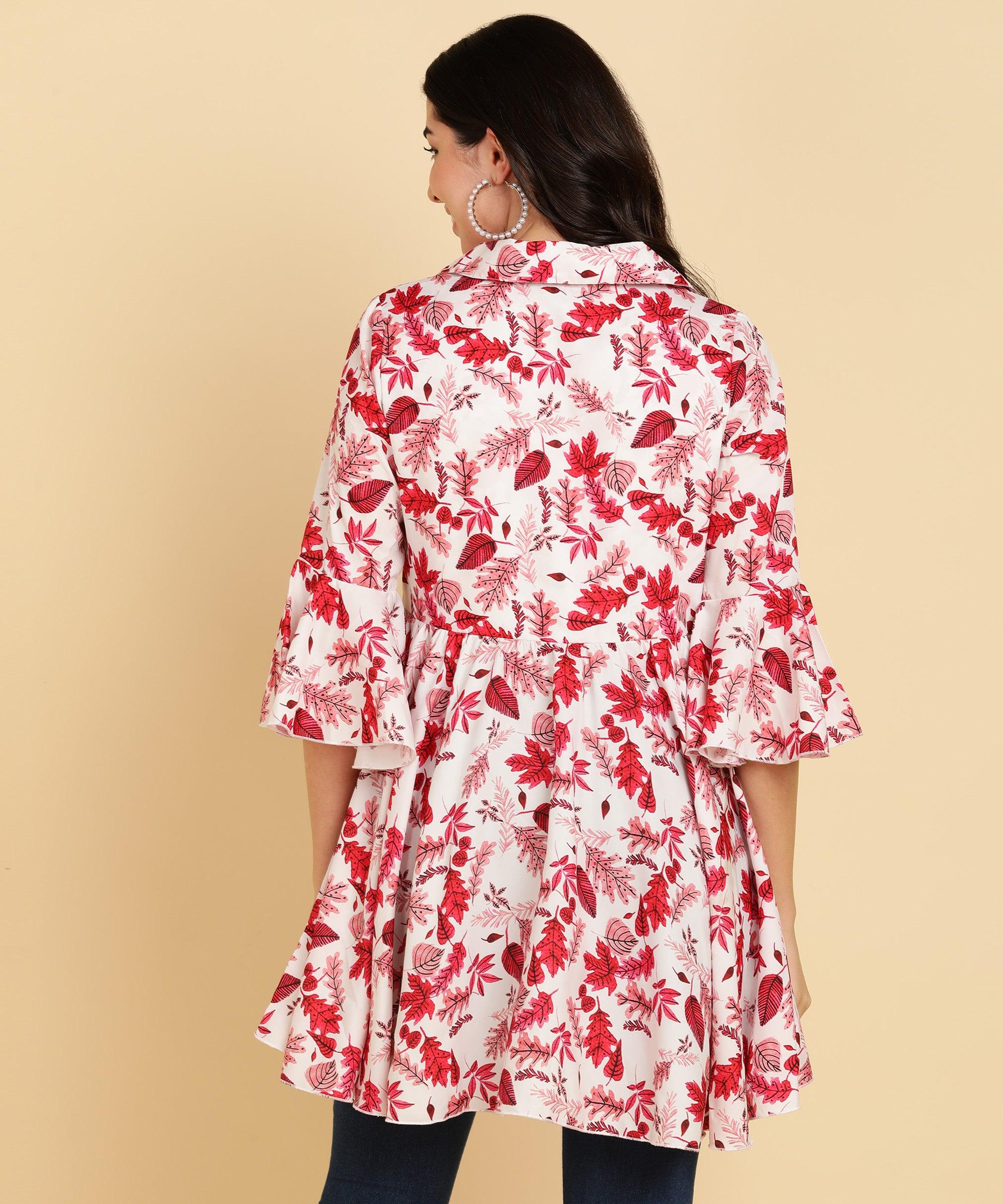 Pink Tropical Printed White Long Top - Znxclothing