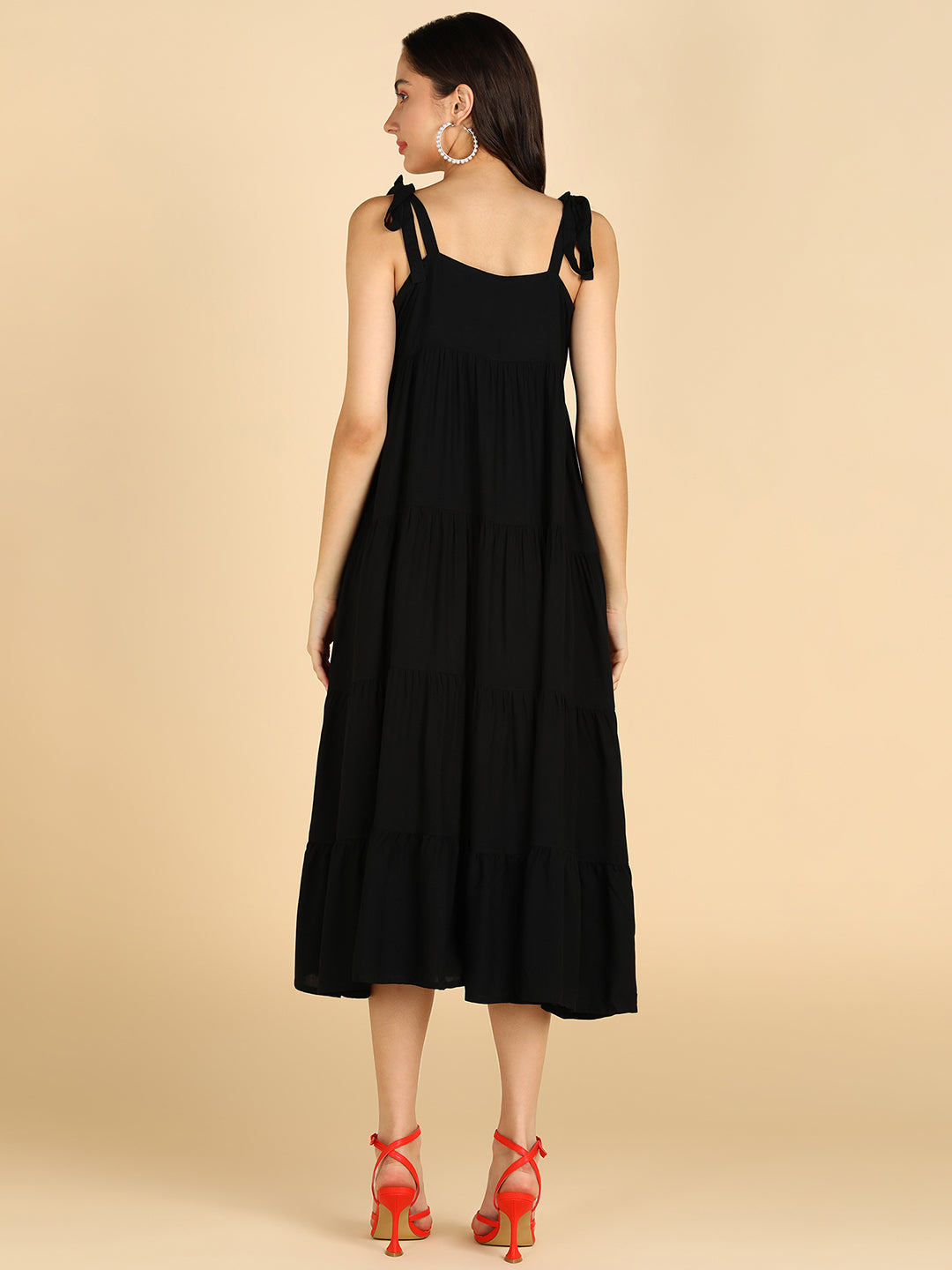 Solid Black Trierd Dress With Muti Way Tie Solder Stripes