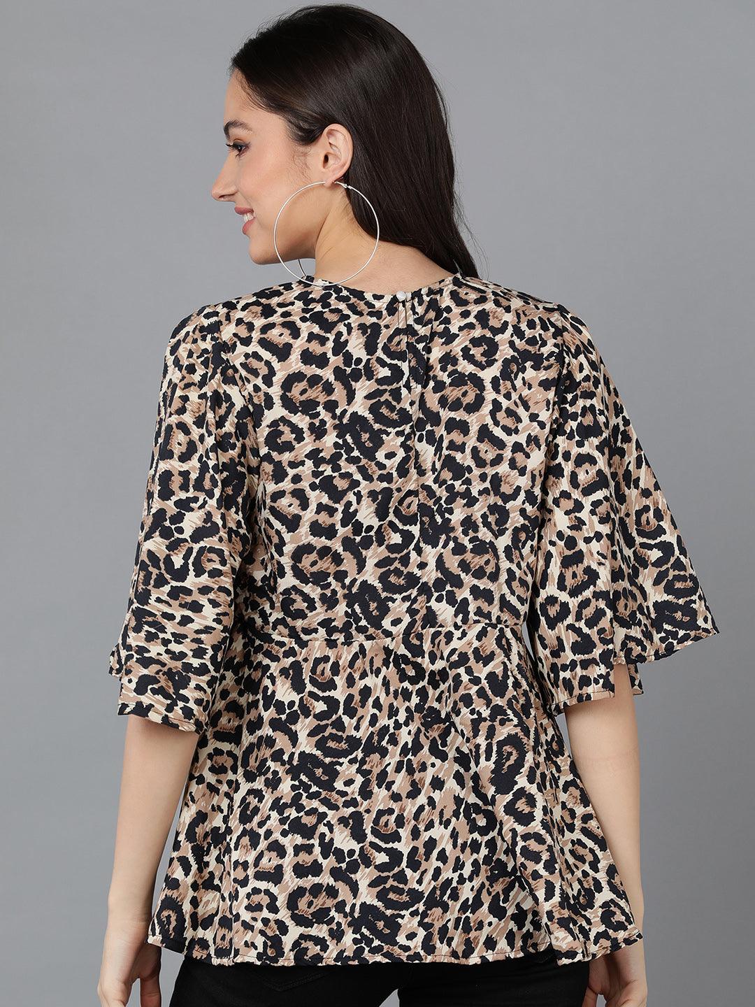Beige Animal Printed Top With Flared Sleeve - Znxclothing