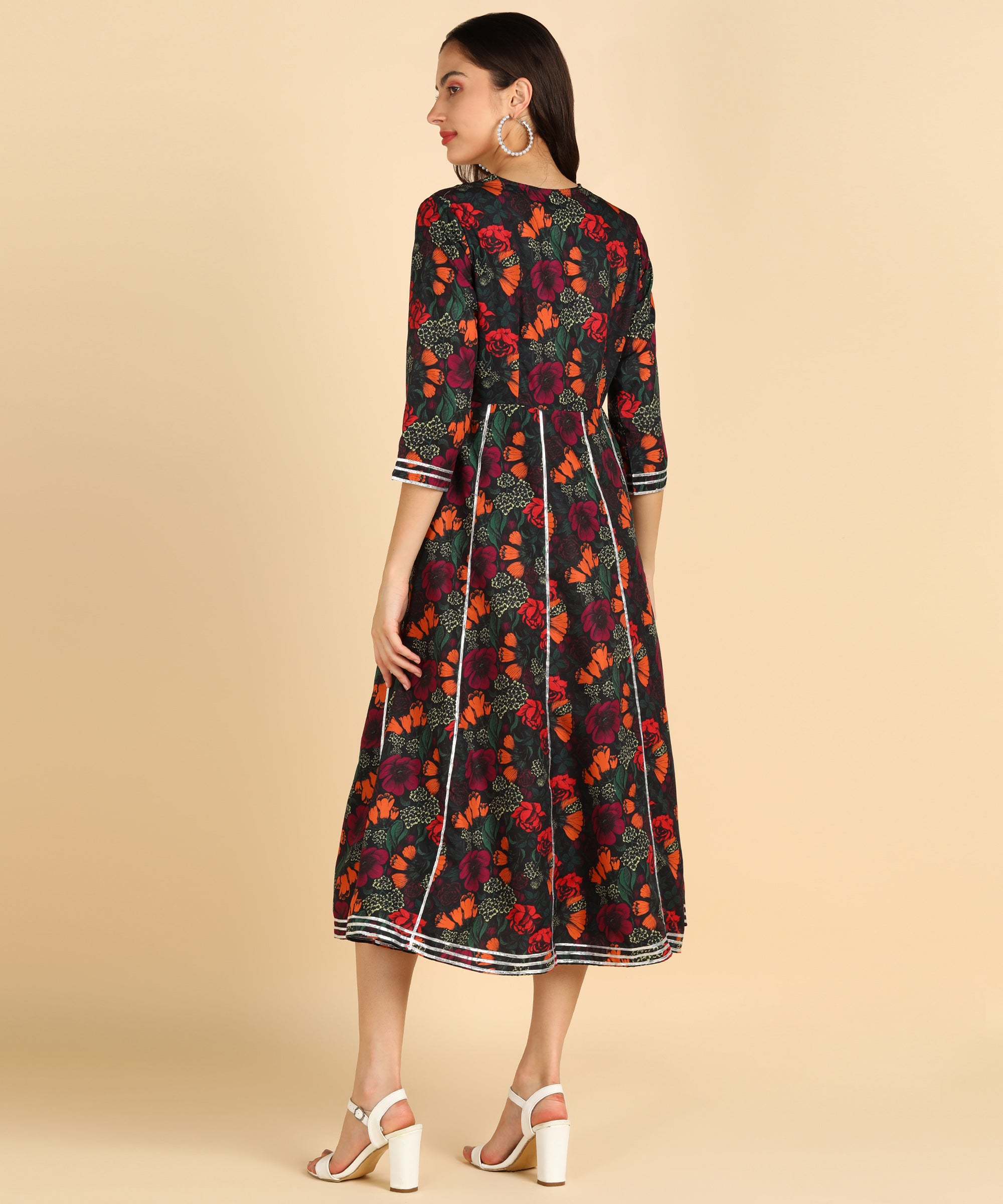 Floral Printed Black Dress With Silver Lace Details