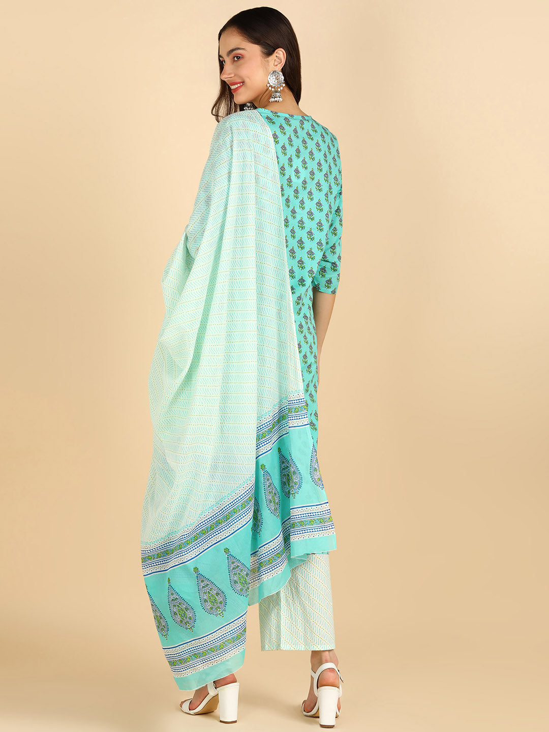 Women SeaGreen Printed Pure Cotton Kurta with Palazzos & With Dupatta