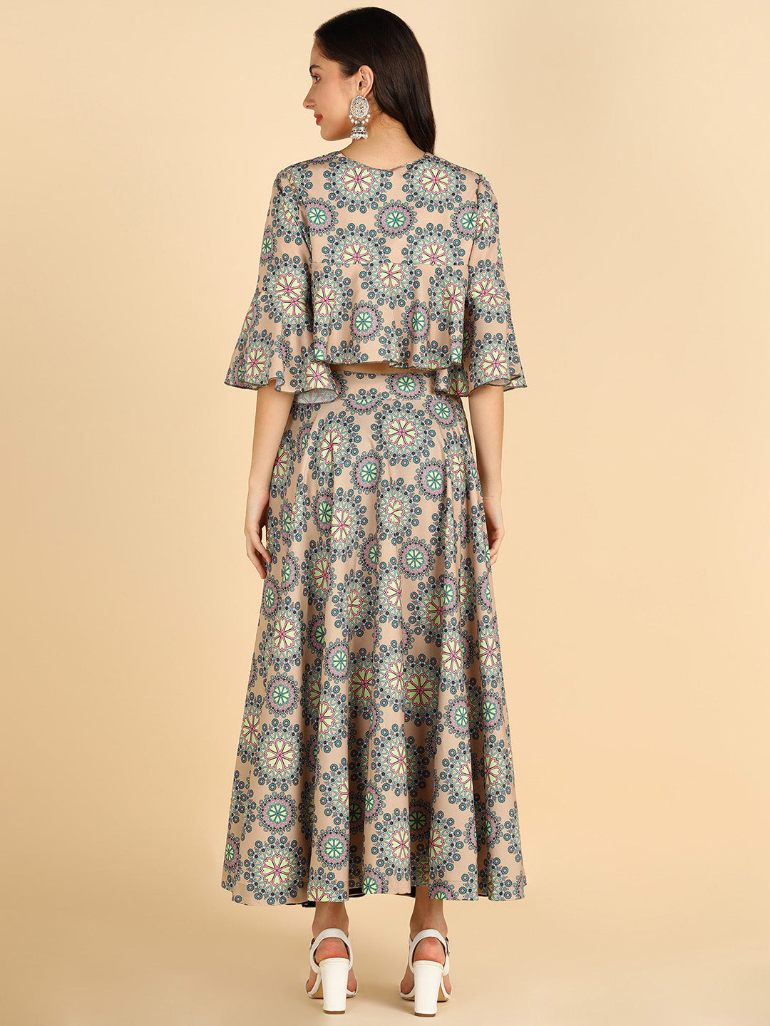 Floral Printed Beige Crop Top With Skirt