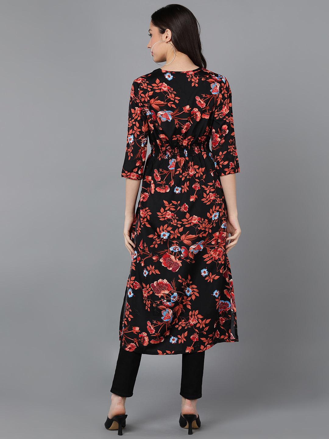Rust Floral Printed Black Straight Kurti - Znxclothing
