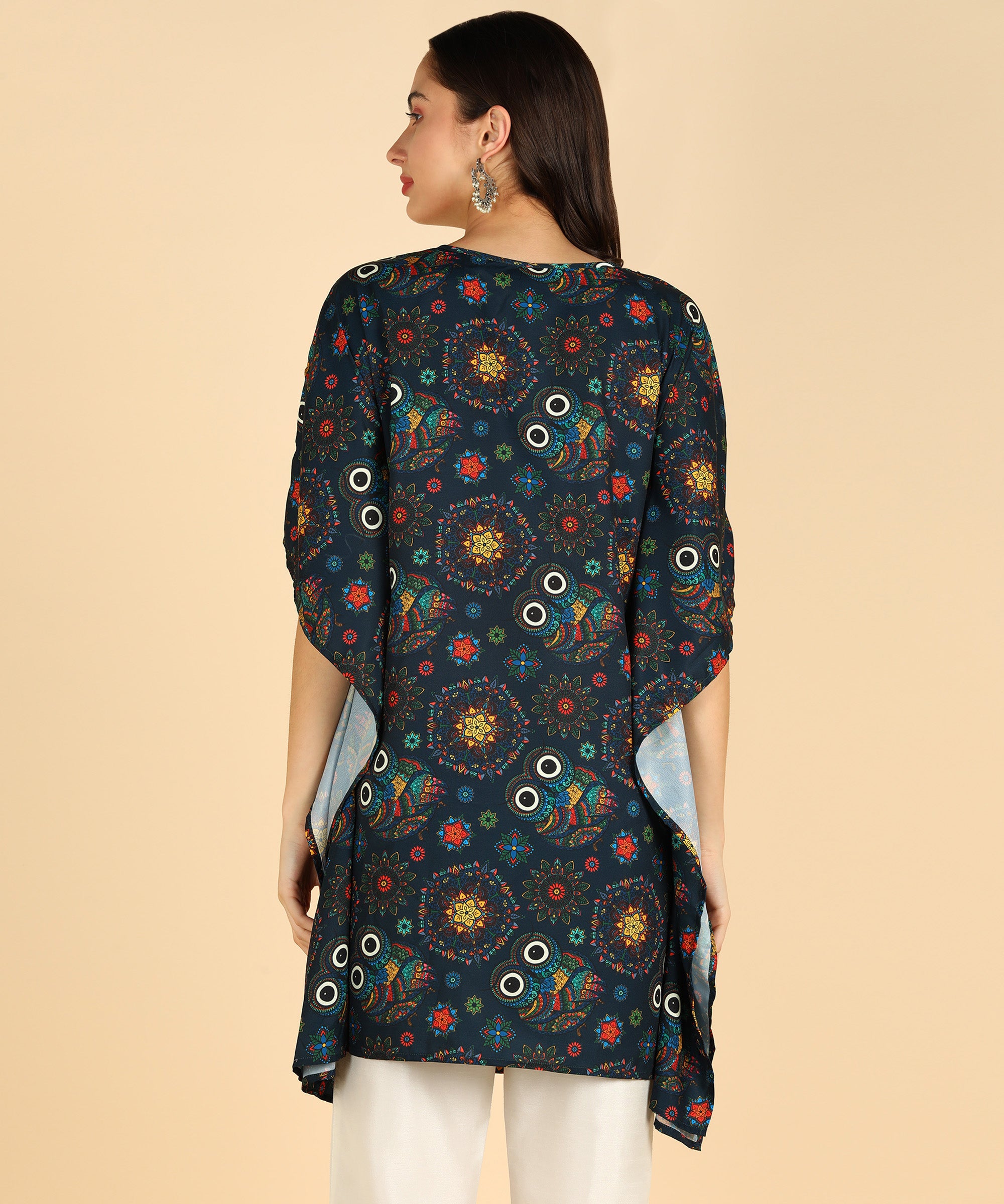 Floral & Owl Eyes Printed Black Kaftan Kurta