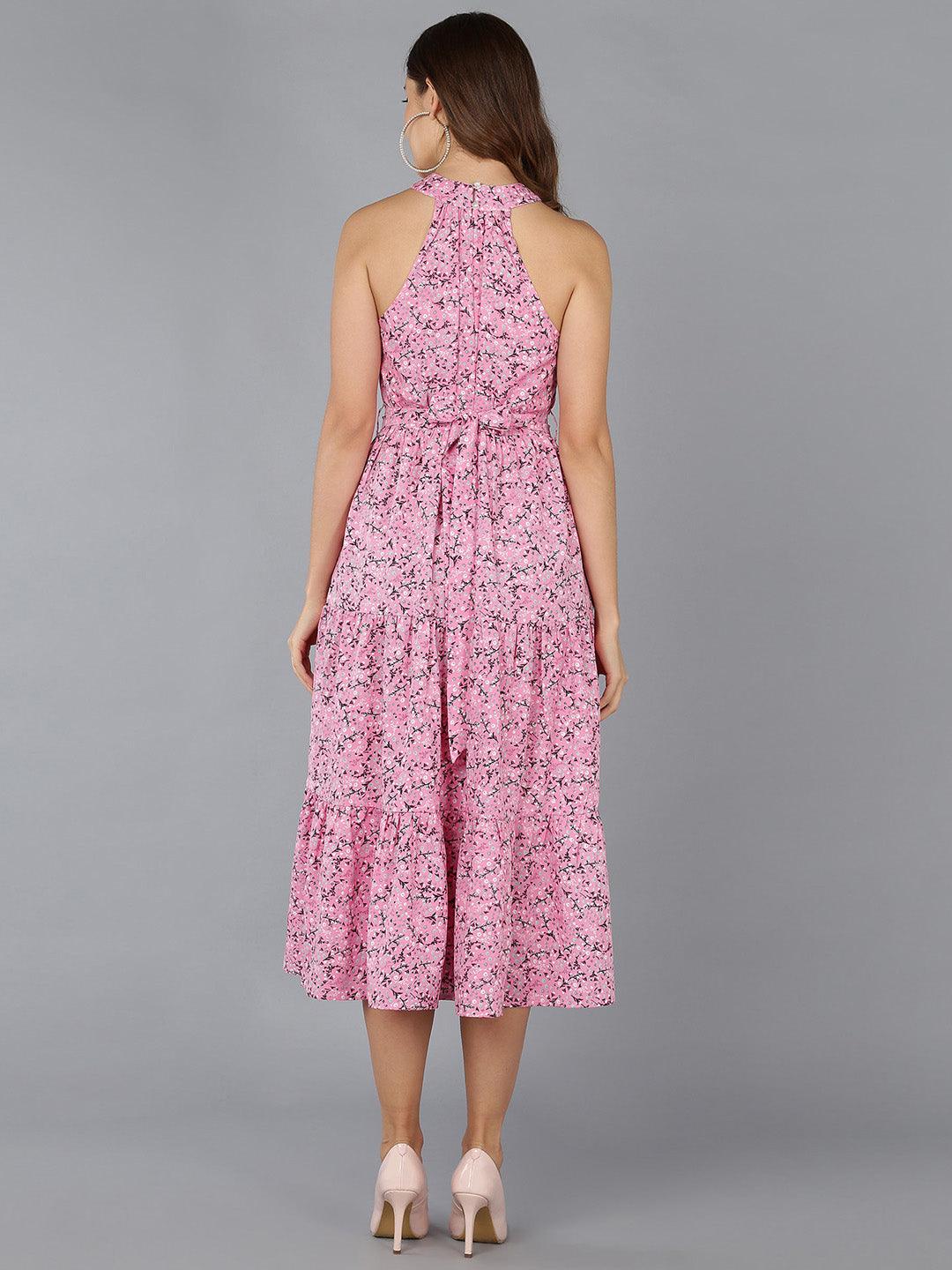 Floral Printed Pink Tiered Dress - Znxclothing