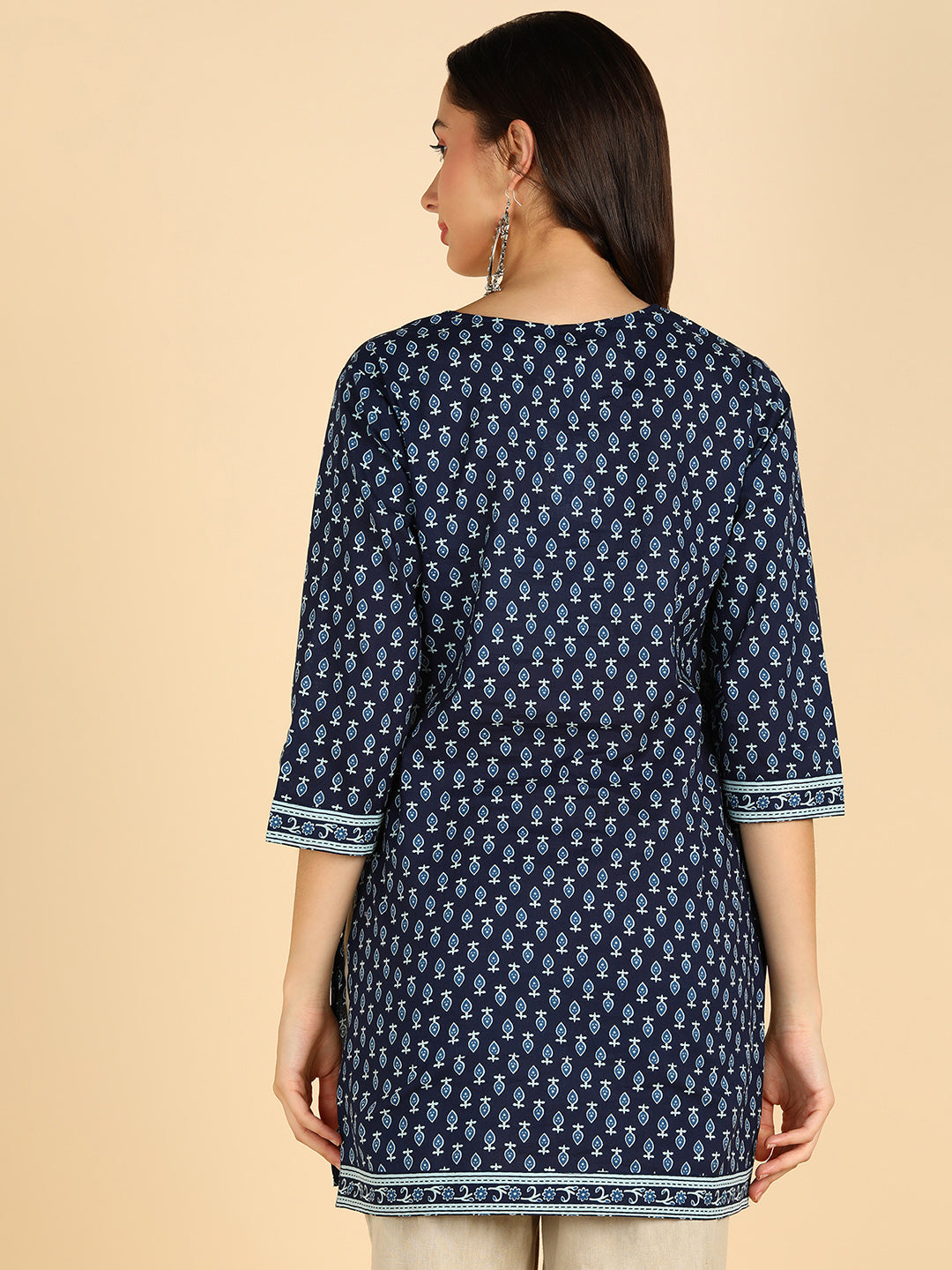 White Floral Printed Blue Straight Kurti With Border Details