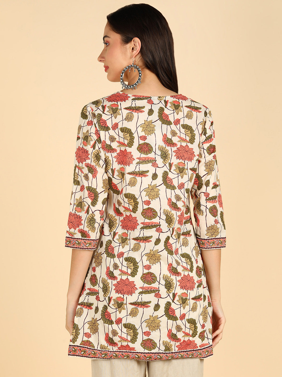 Floral Printed Cream Straight Kurti With Border Details