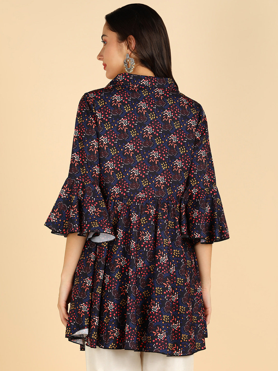 Blue Floral Printed Bell Sleeve Top