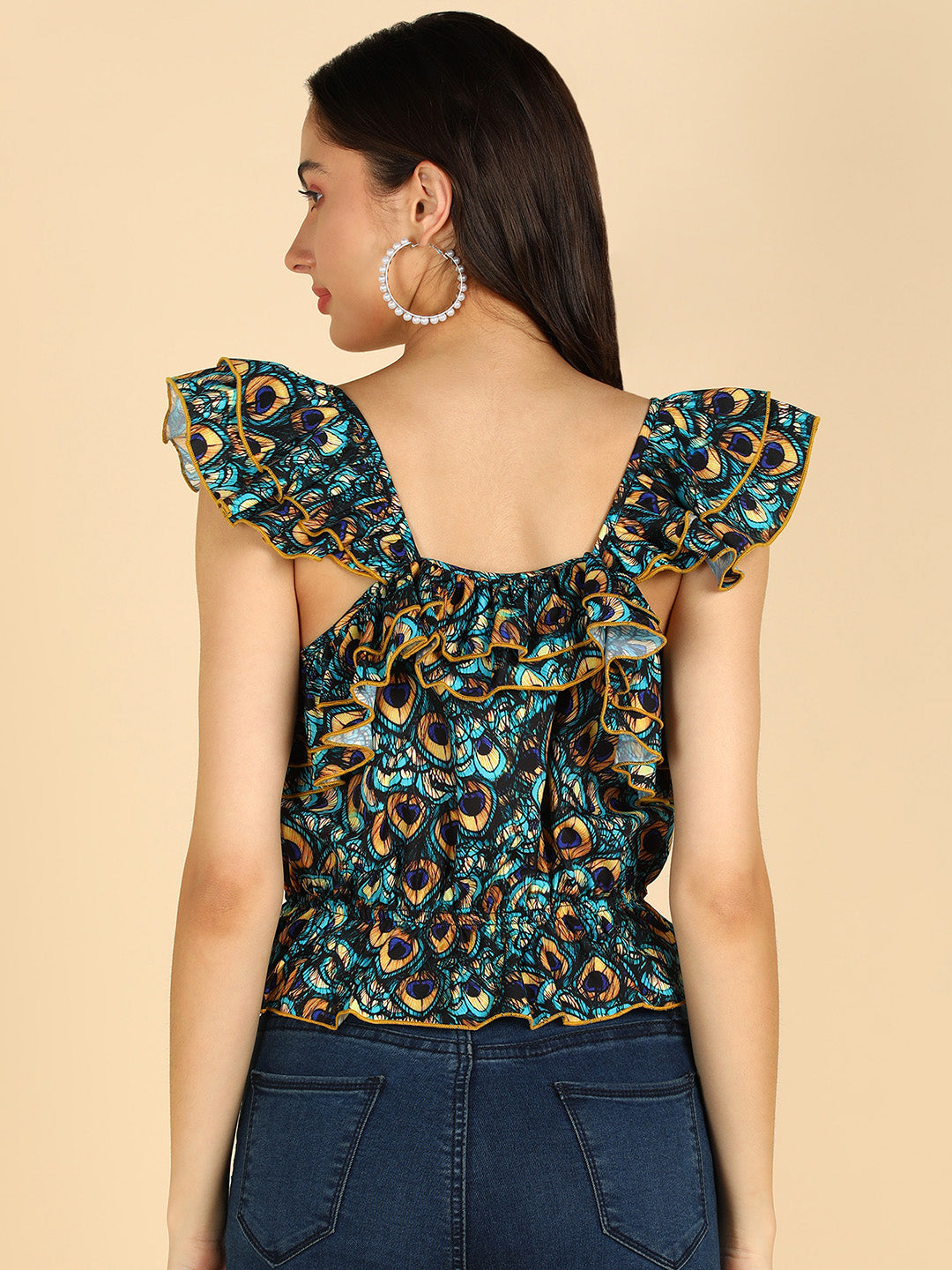 Green & Black Printed Frilled Sleeveless Top