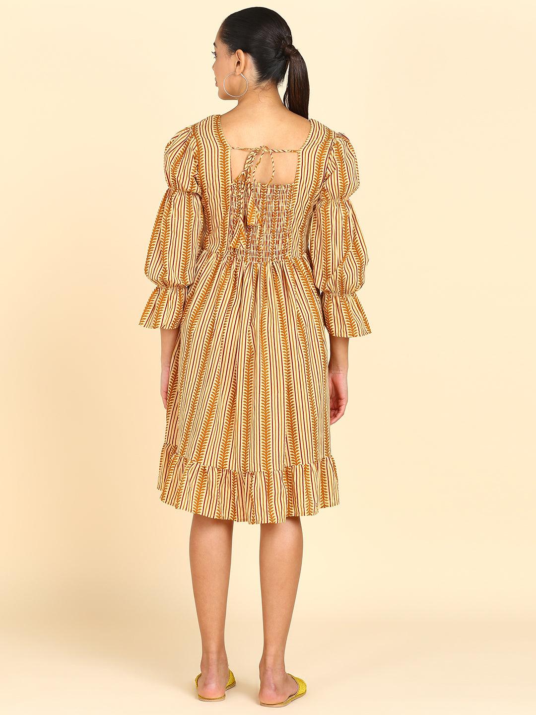 Brown Leaf Strip Printed Smocked Yellow Dress - Znxclothing