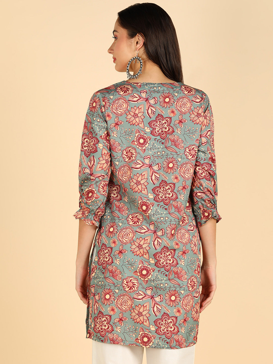 Floral Printed Green Straight Kurti