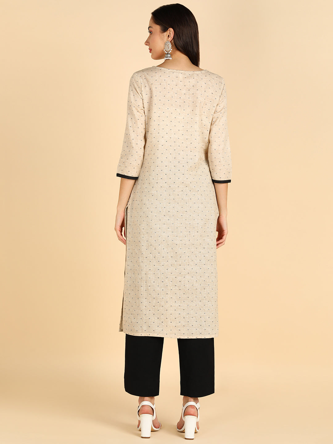 Women Beige & Black Printed Pure Cotton Kurta with Trousers
