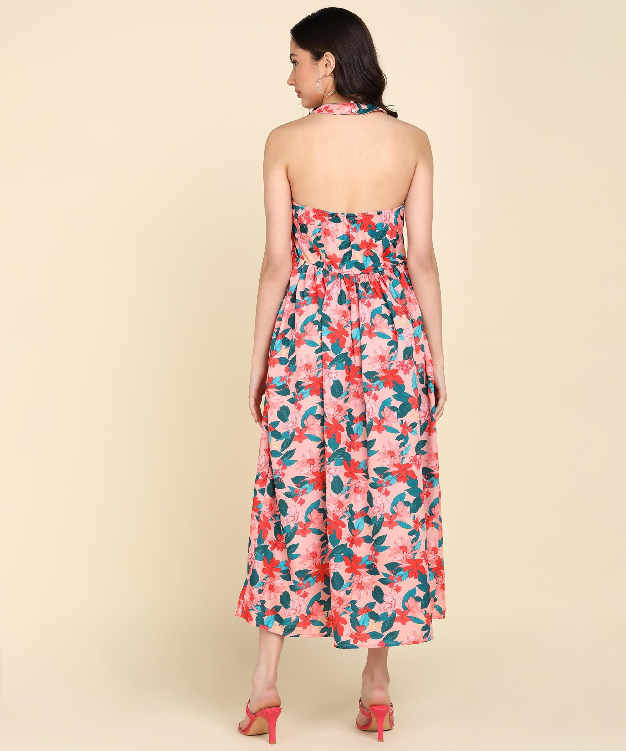 Red & Green Floral Printed Halter Neck Dress - Znxclothing