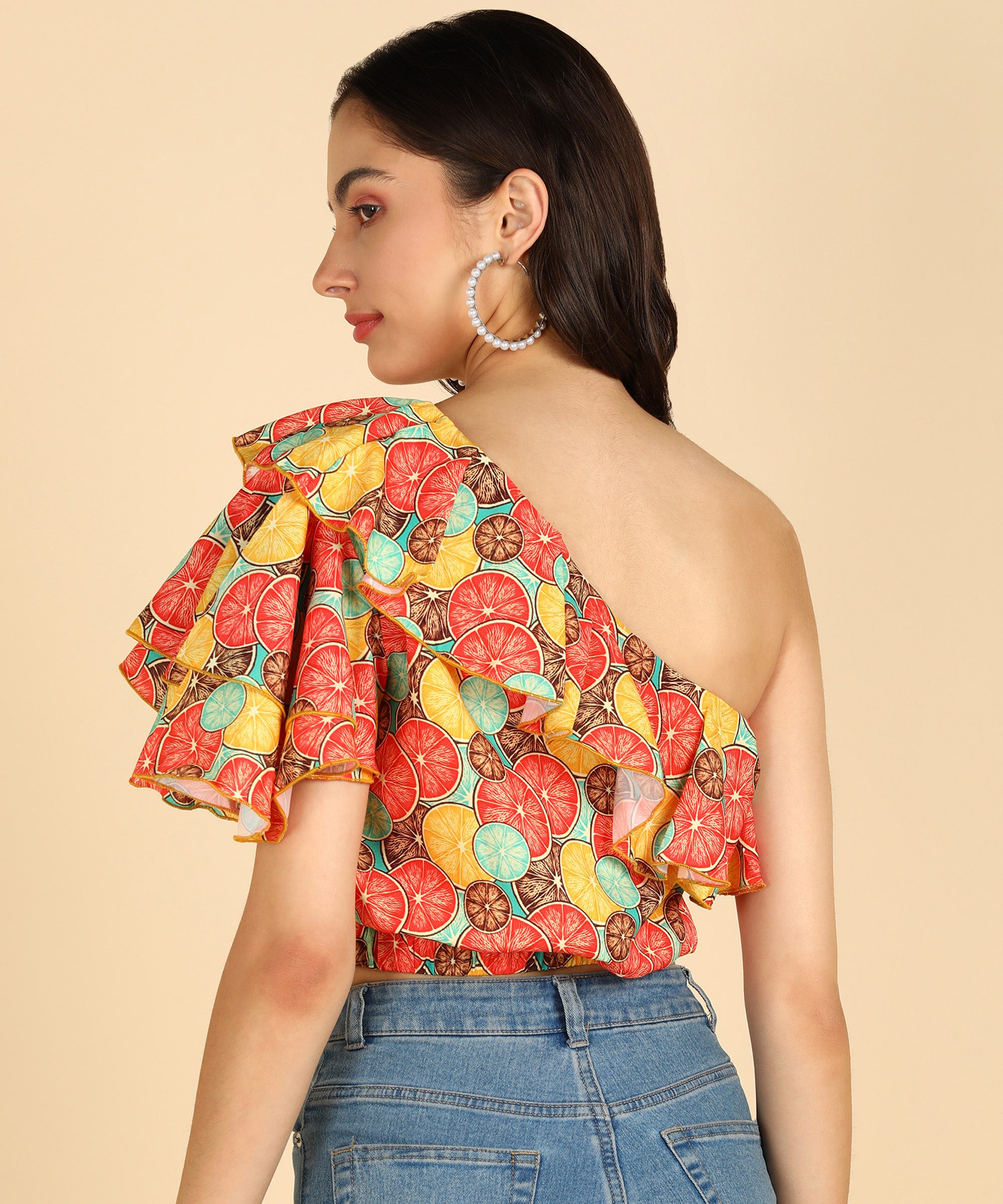 Orange Printed One Shoulder Stylish Sleeve Top