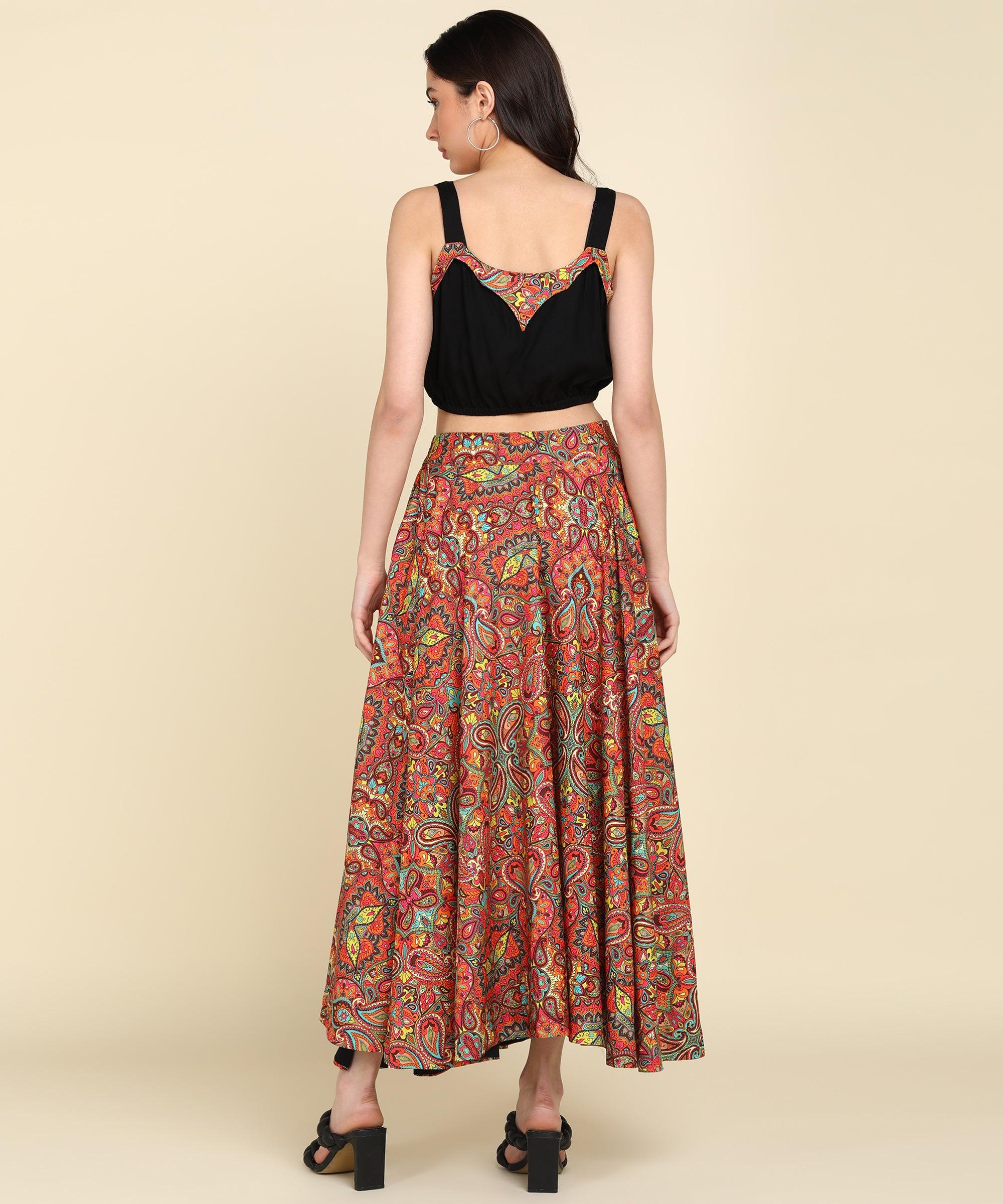 Orange Ethnic Printed Skirt With Front Detailing Black Sleeveless Crop top - Znxclothing