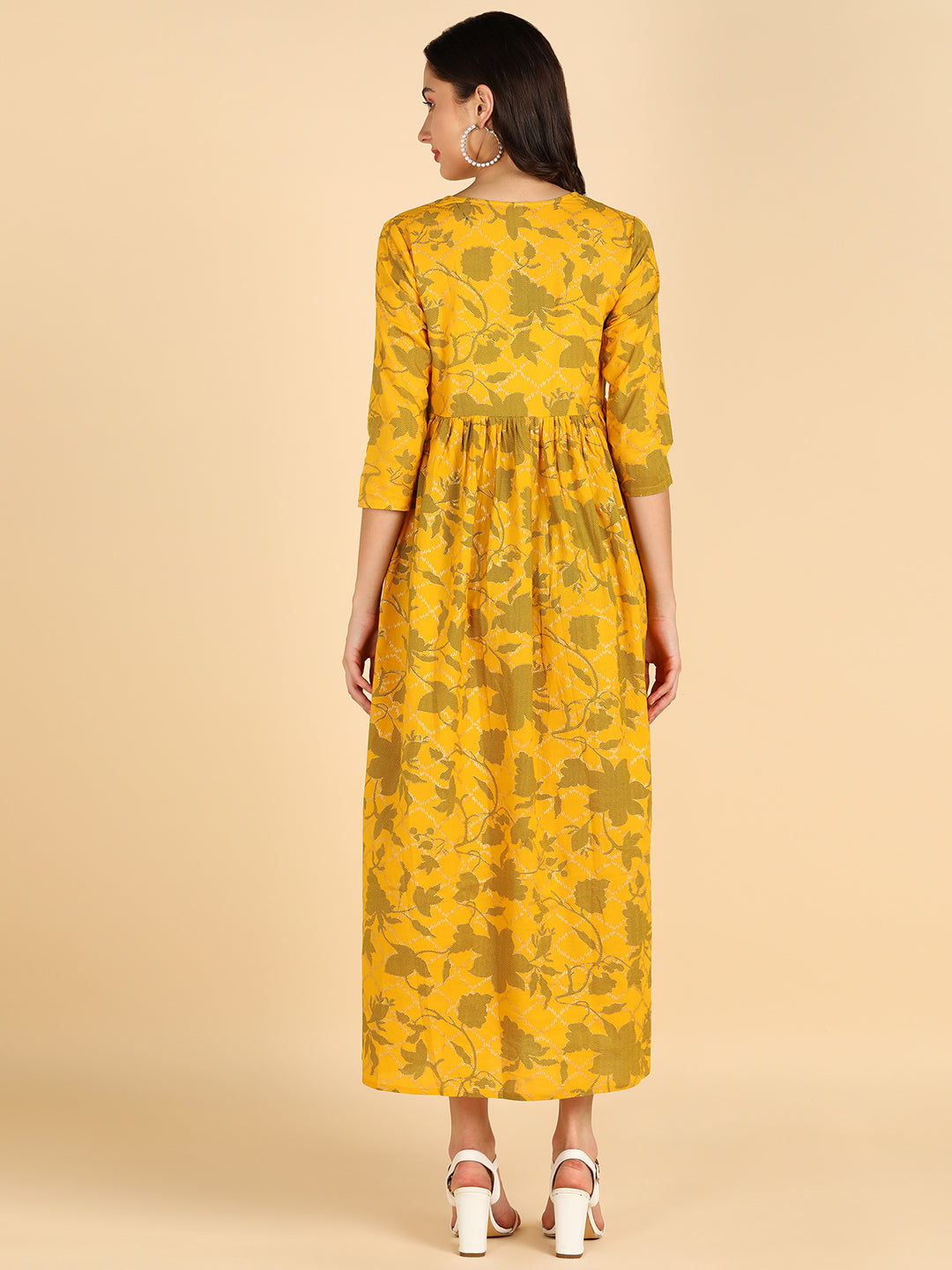 Gold & Green Floral Printed Yellow Dress
