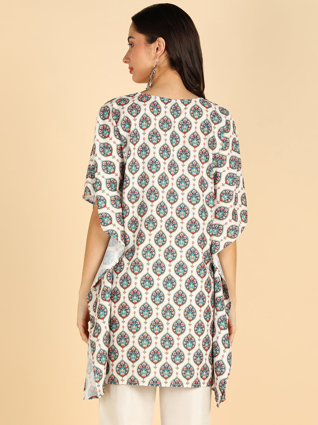 Floral Printed Off White Kafthan Kurta With Tassel Details