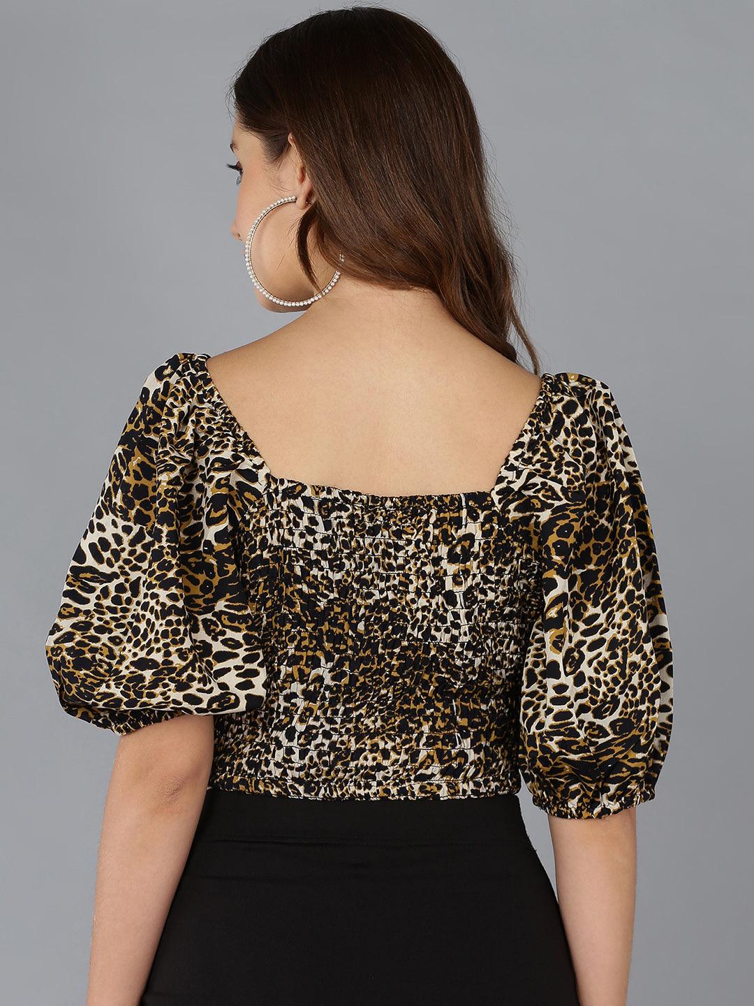 Animal Printed Smocked Crop Top - Znxclothing