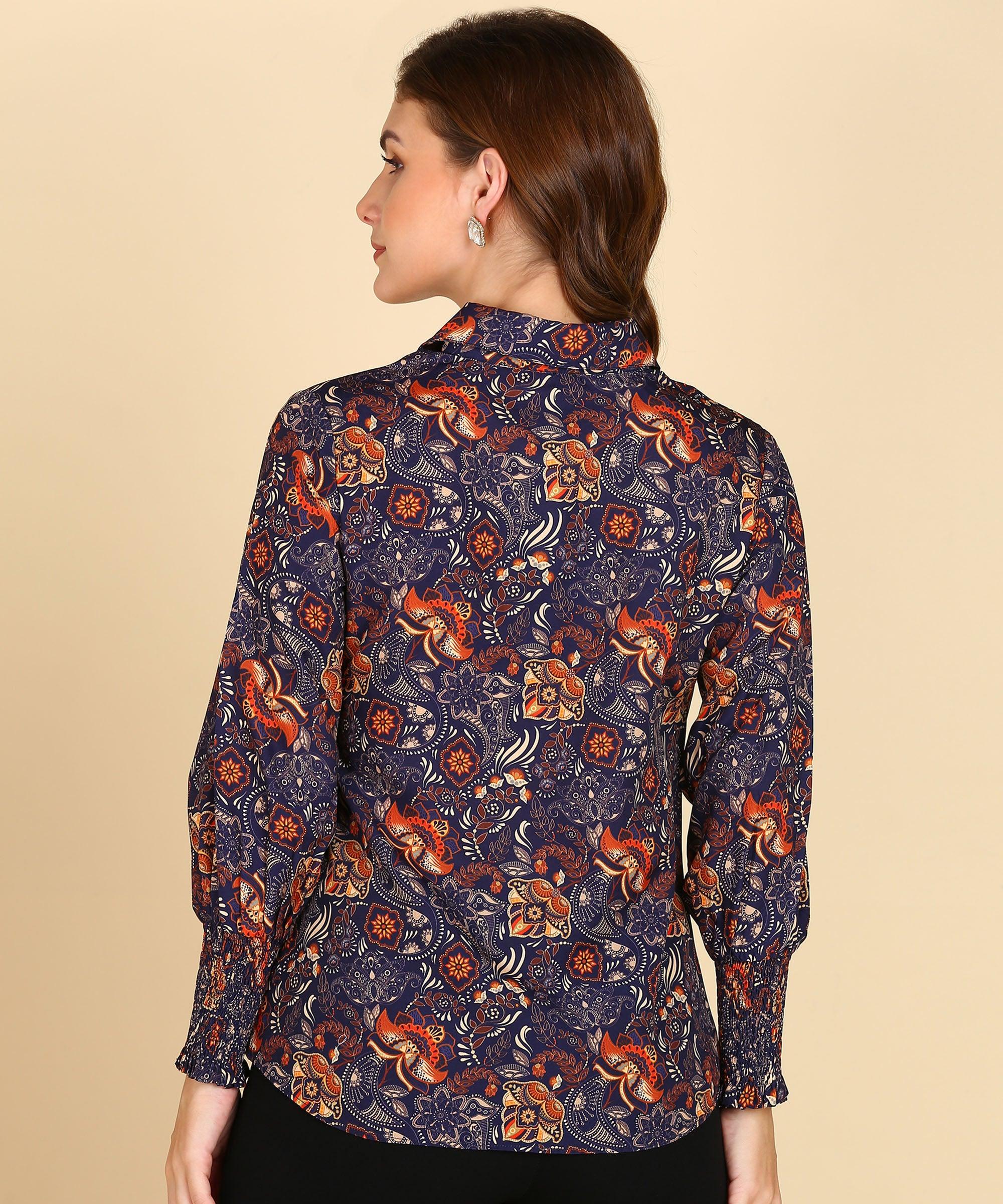 Ethnic Motifs Printed Shirt With Smocked Sleeve - Znxclothing