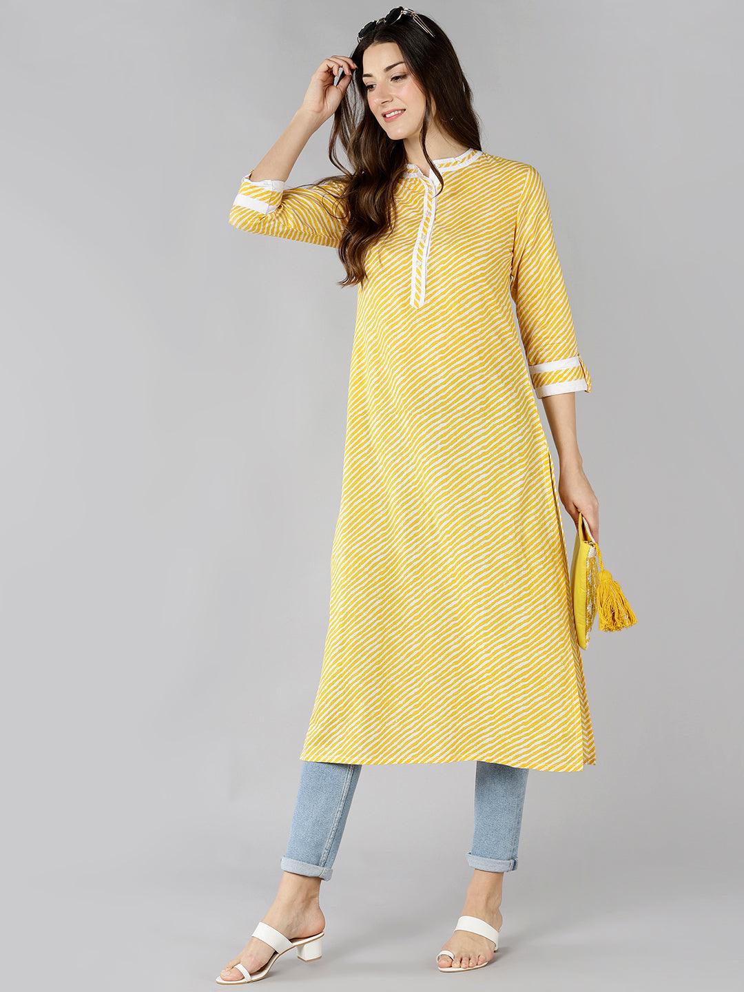 Znx Women Yellow Lehriya Printed Straight Kurti - Znxclothing