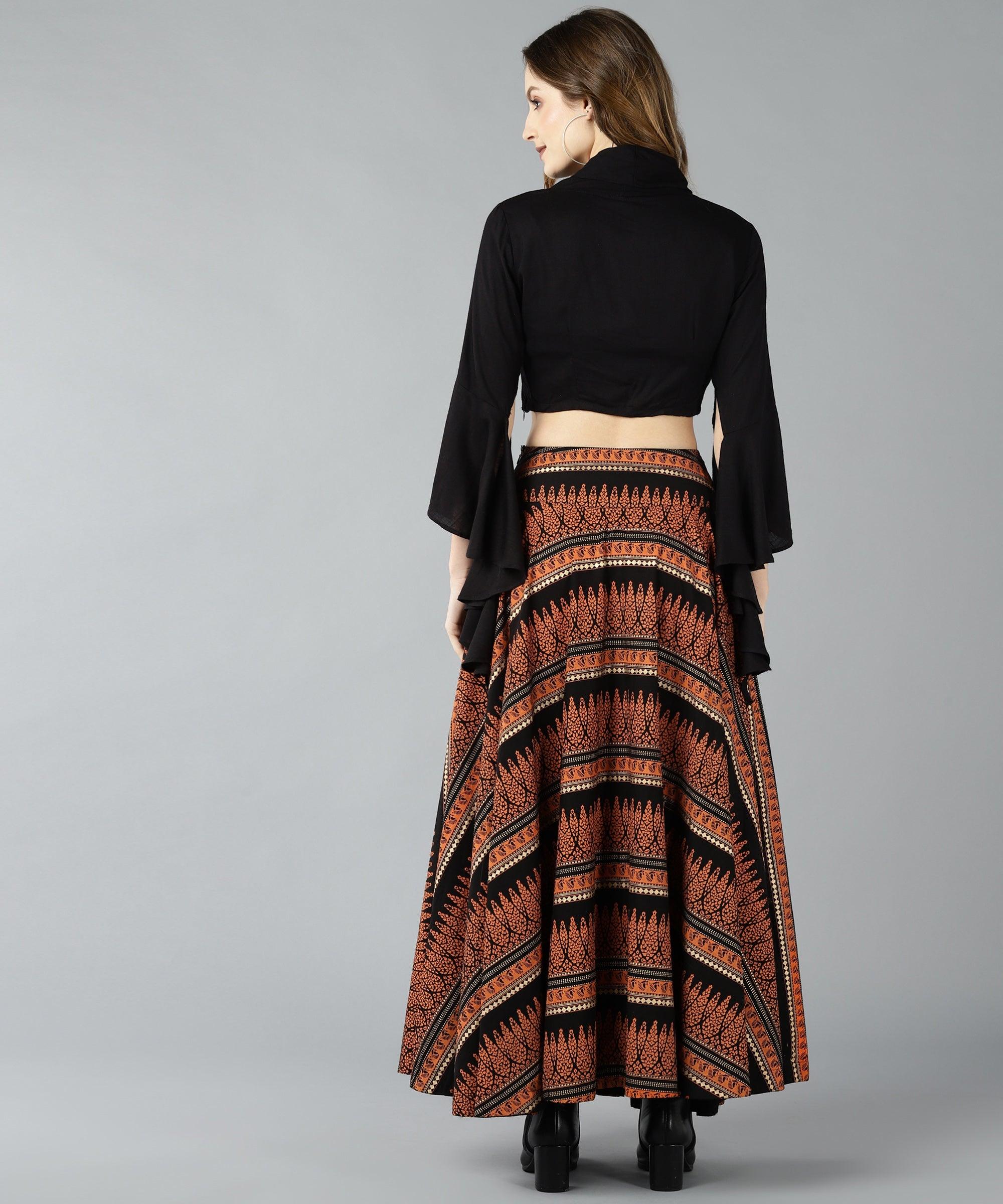 Znx Women Black Floral Printed Flared Crop top with skirt - Znxclothing