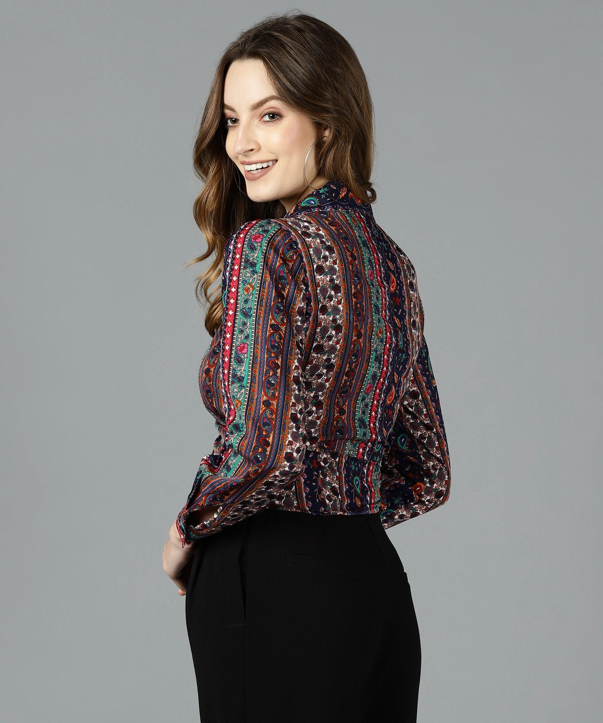 Znx Women Multi Color Geometric Printed Wrap Top - Znxclothing