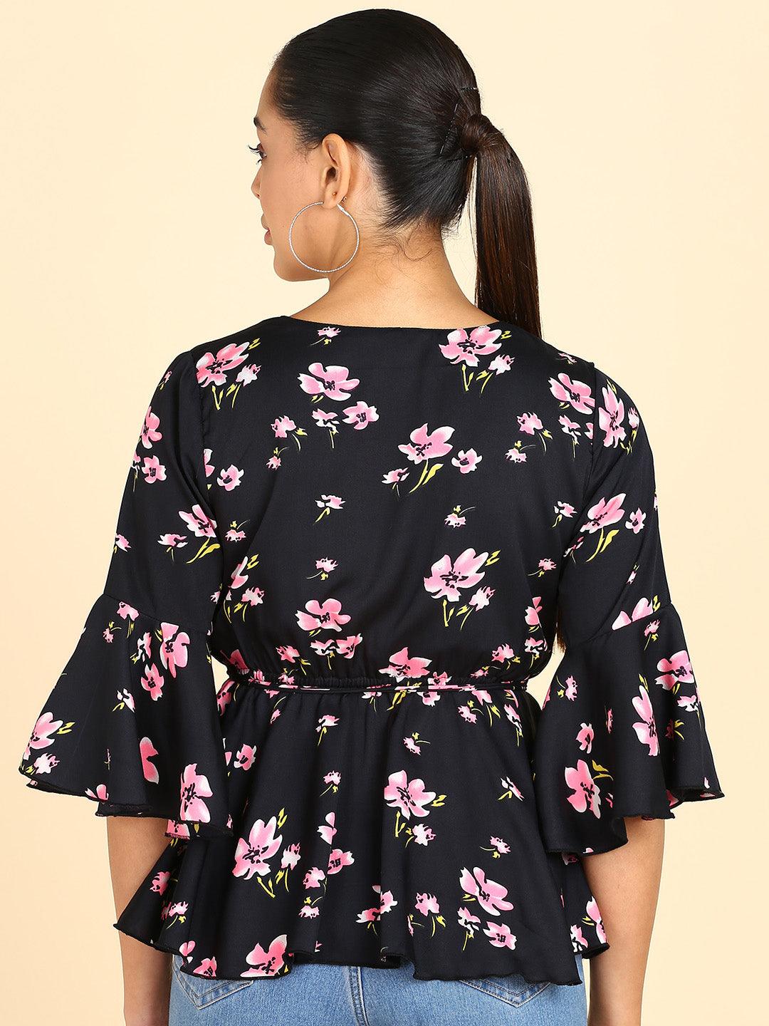 Floral Printed Black Empire Top - Znxclothing