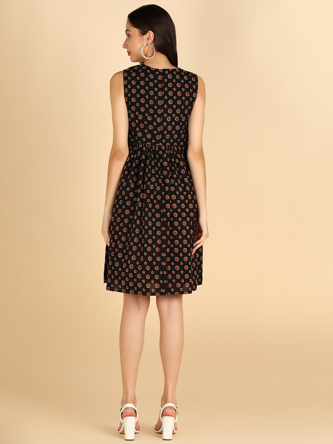 Brown Polka Printed Black Sleeveless Dress